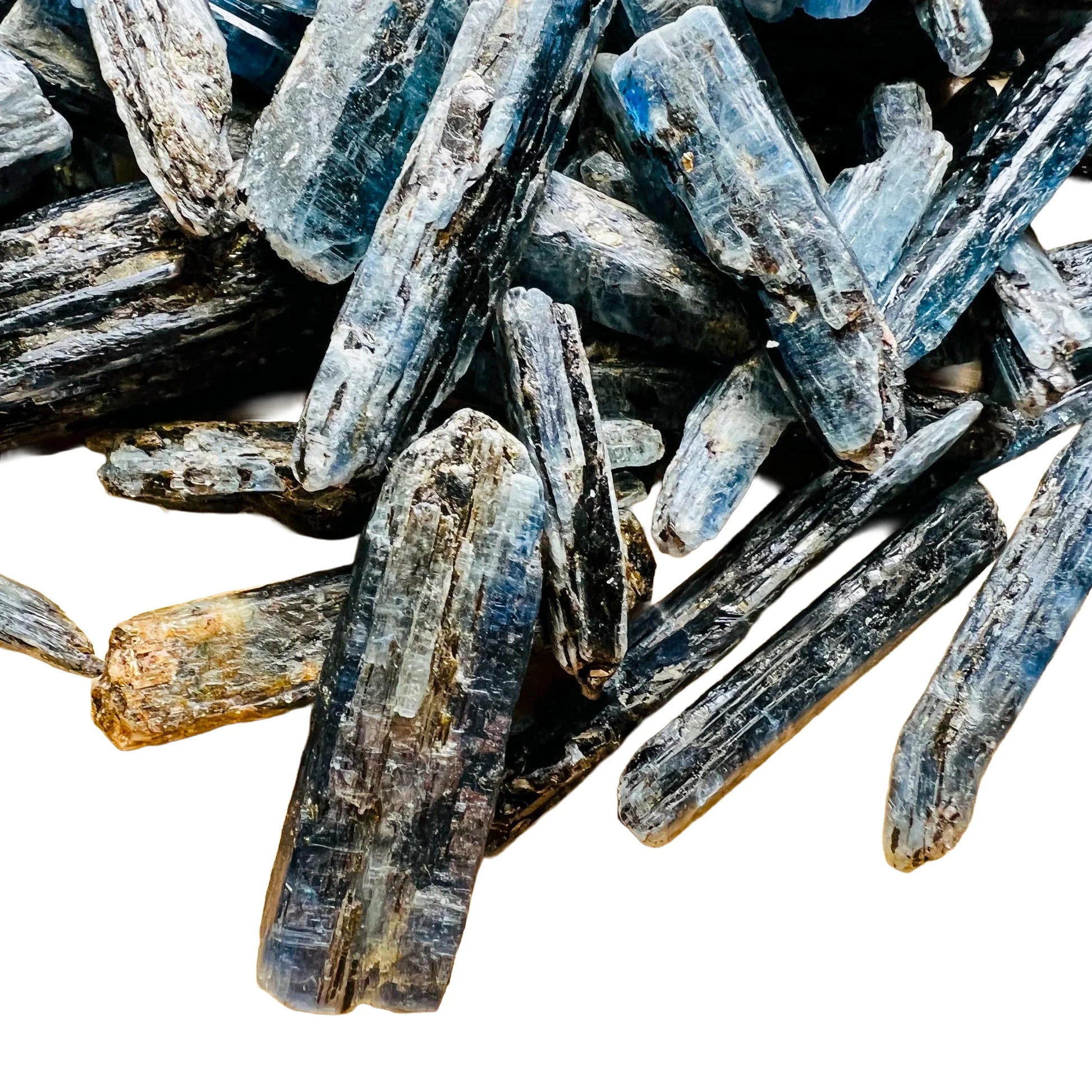 Full profile of Grade AA Blue Kyanite raw ready to ship from Beyond Bohemian