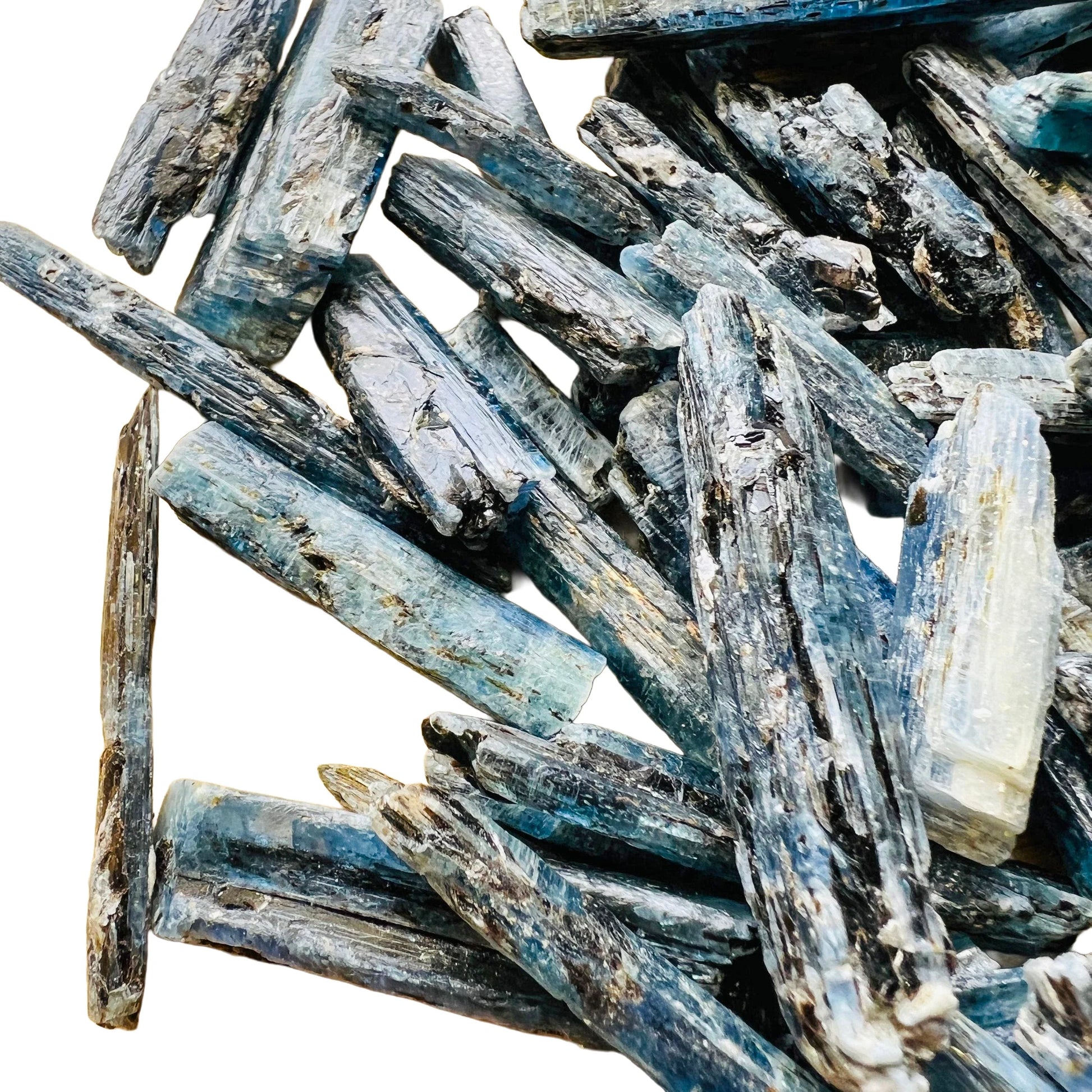 Full profile of Grade AA Blue Kyanite raw ready to ship from Beyond Bohemian