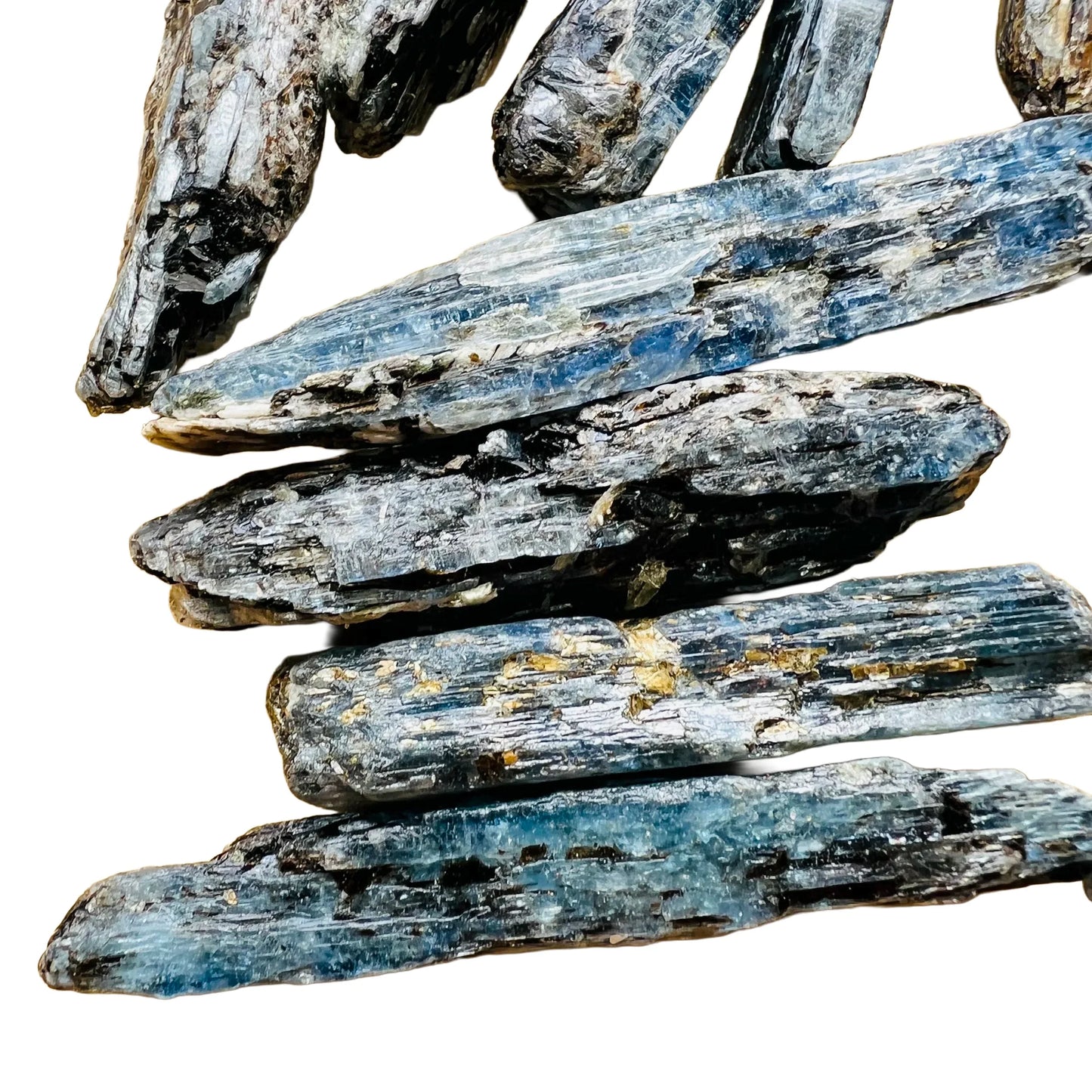Profile view of Blue Kyanite raw stone, showing untreated character, hand-selected from Mashonaland West, Zimbabwe.