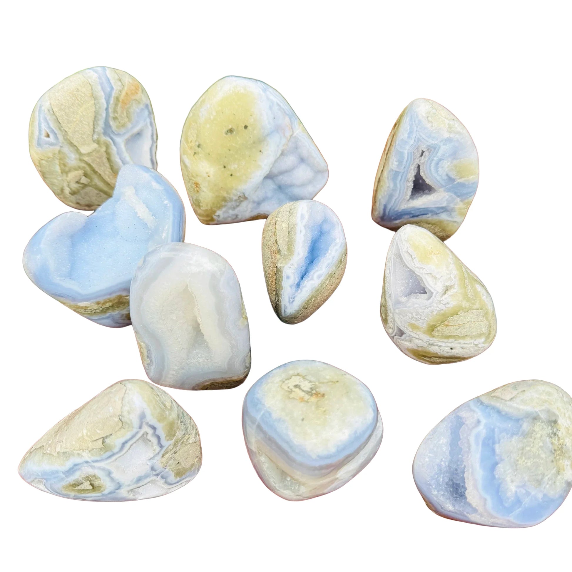 Tight crop of Blue Lace Agate specimen, showing natural banding, sourced from Malawi.
