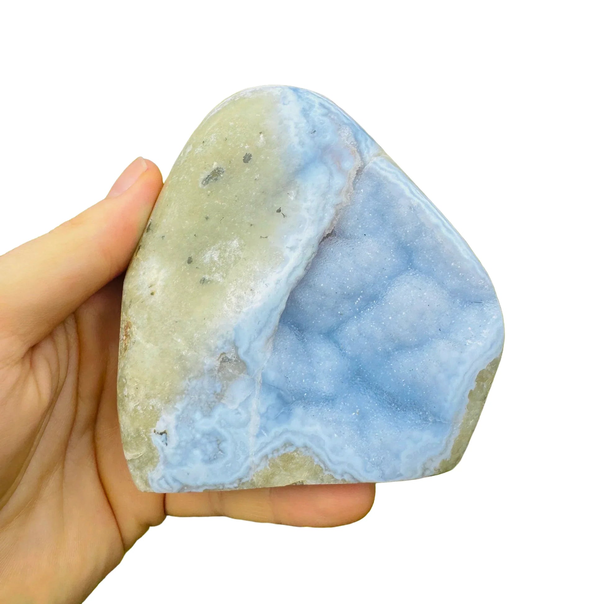 Side-on view of Blue Lace Agate specimen, turned to for Stress Relief.