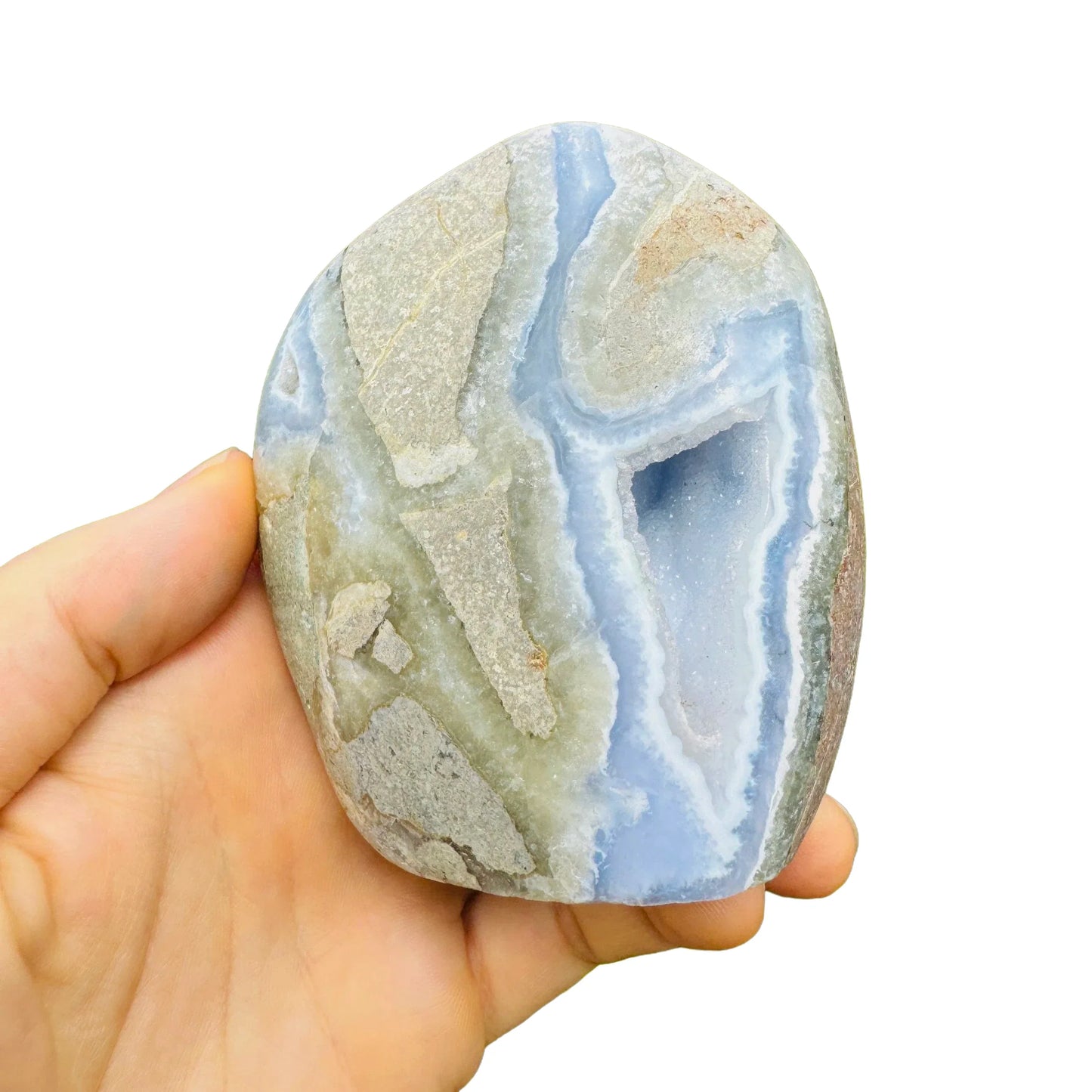 Plan view of Blue Lace Agate specimen, linked to Stress Relief, Malawi-sourced.