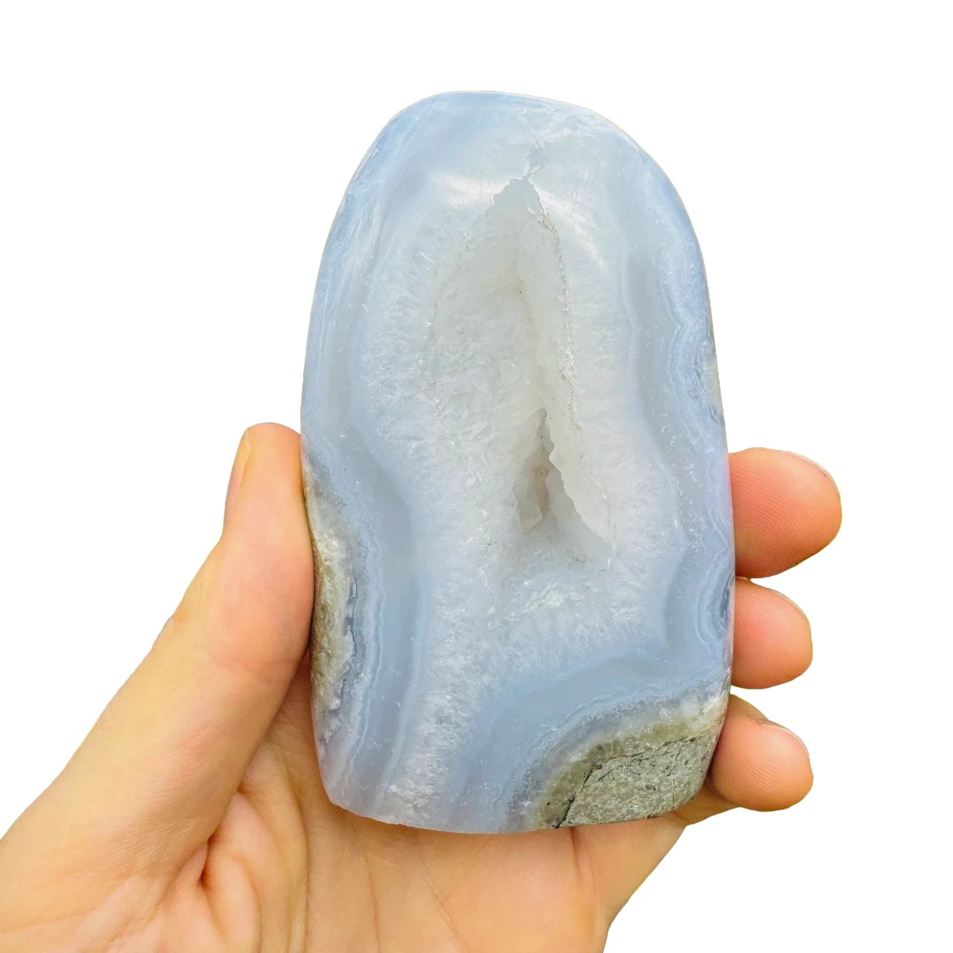 Bottom side of Blue Lace Agate specimen, sourced from Nsipe, Malawi, carried for Stress Relief.