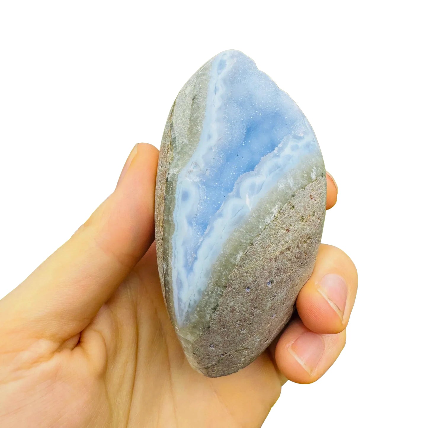 Resting display of Blue Lace Agate specimen, shown for size reference.
