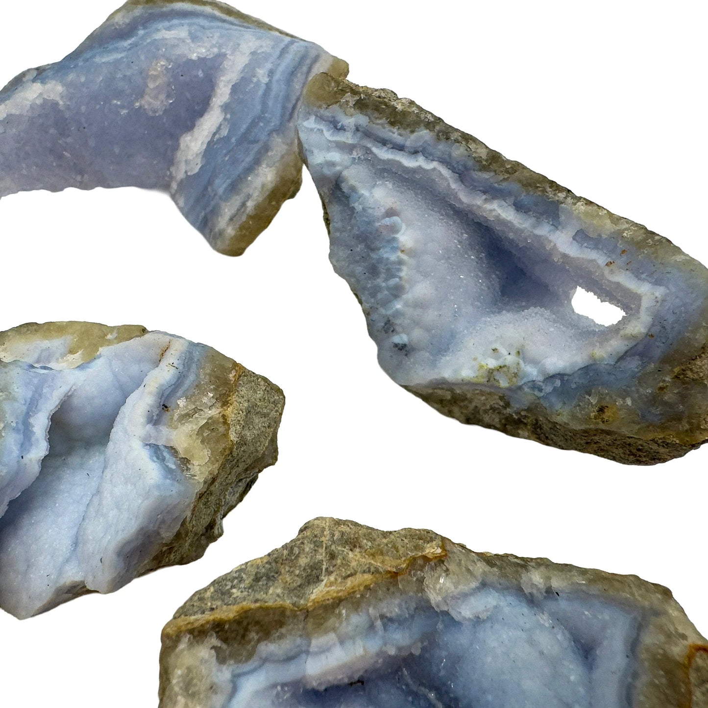 Reverse angle of Blue Lace Agate raw geode, showing natural color depth, sourced from Nsipe, Malawi.