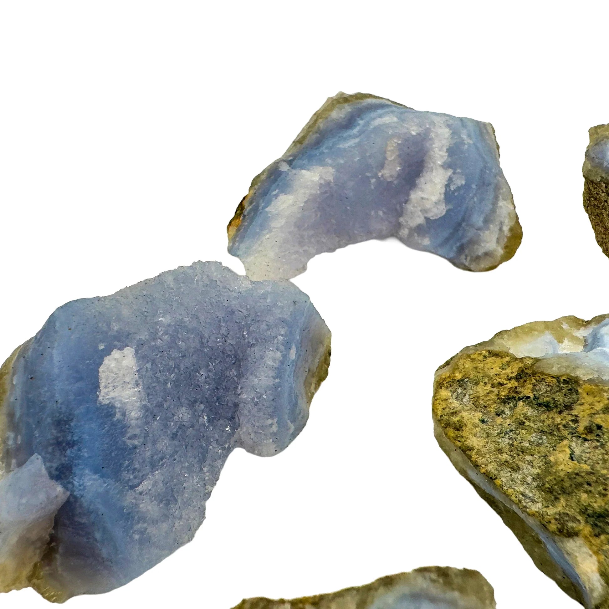 Palm-scale view of a Blue Lace Agate raw geode to support Stress Relief and Emotional Healing.