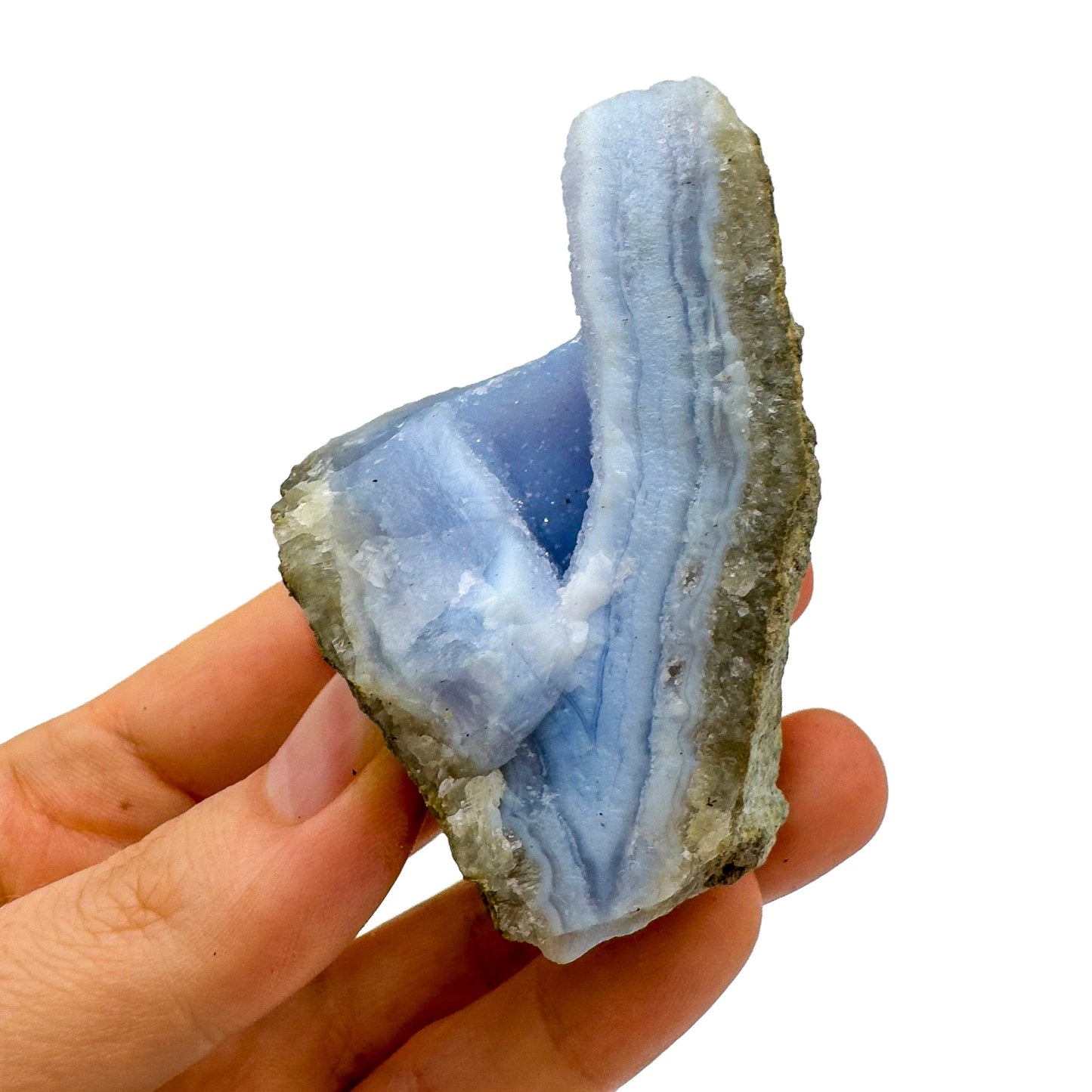 Back view of Grade AA Blue Lace Agate geode showing natural surface