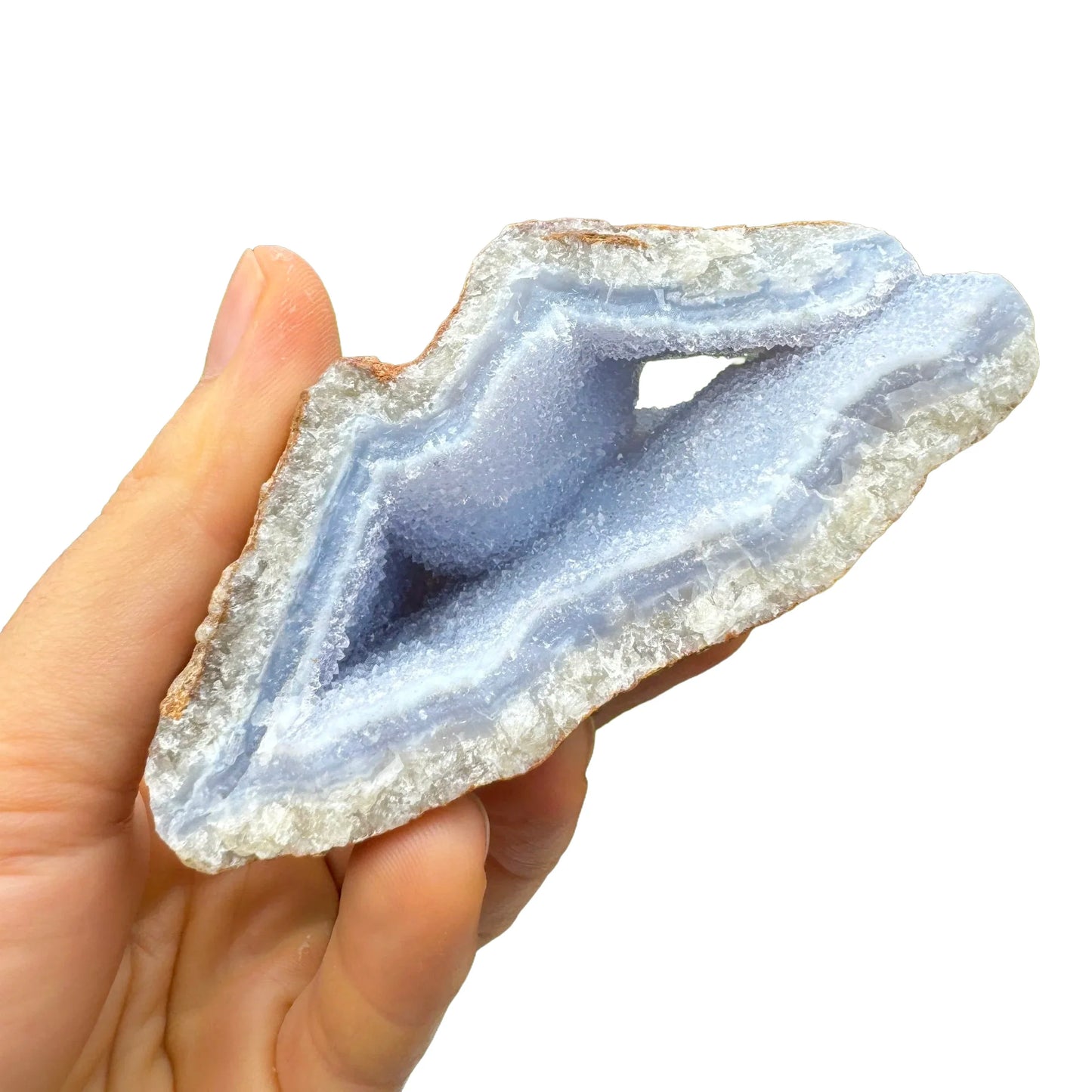 Full profile of Grade AA Blue Lace Agate geode ready to ship from Beyond Bohemian