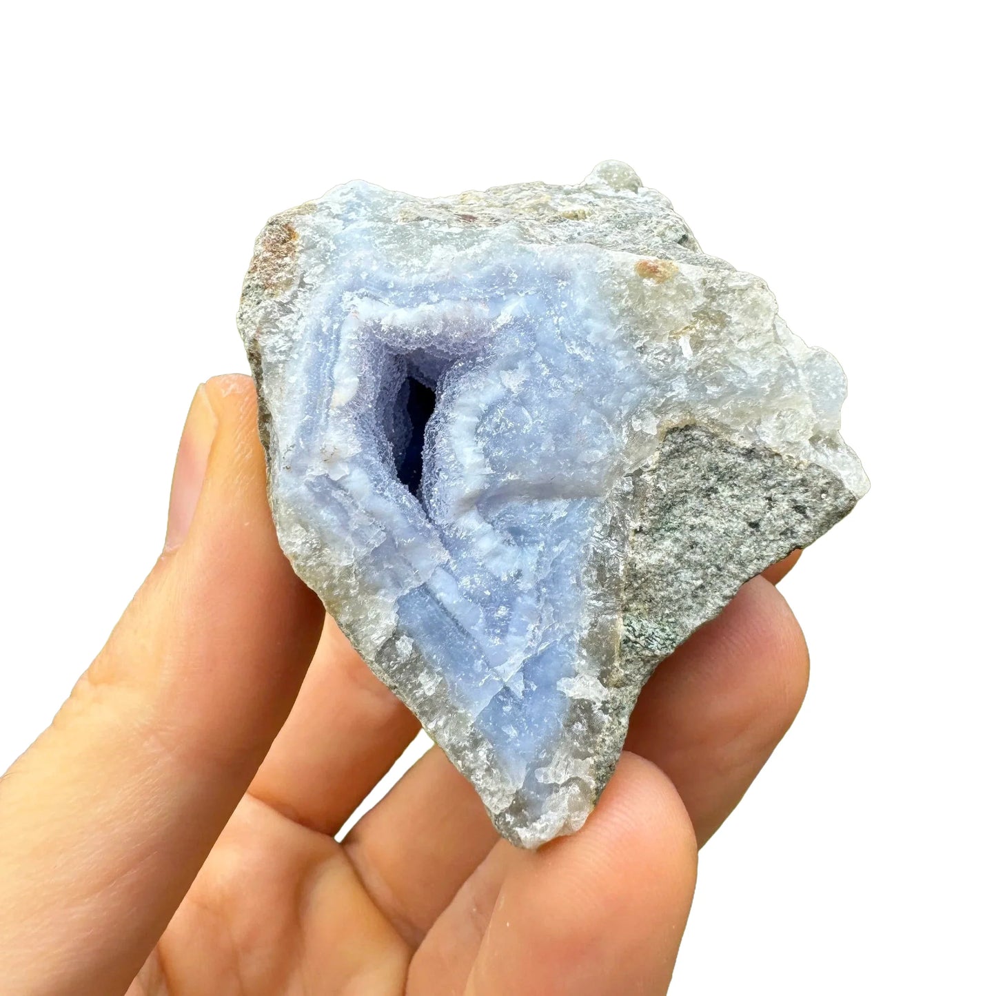 Full profile of Grade AA Blue Lace Agate geode ready to ship from Beyond Bohemian