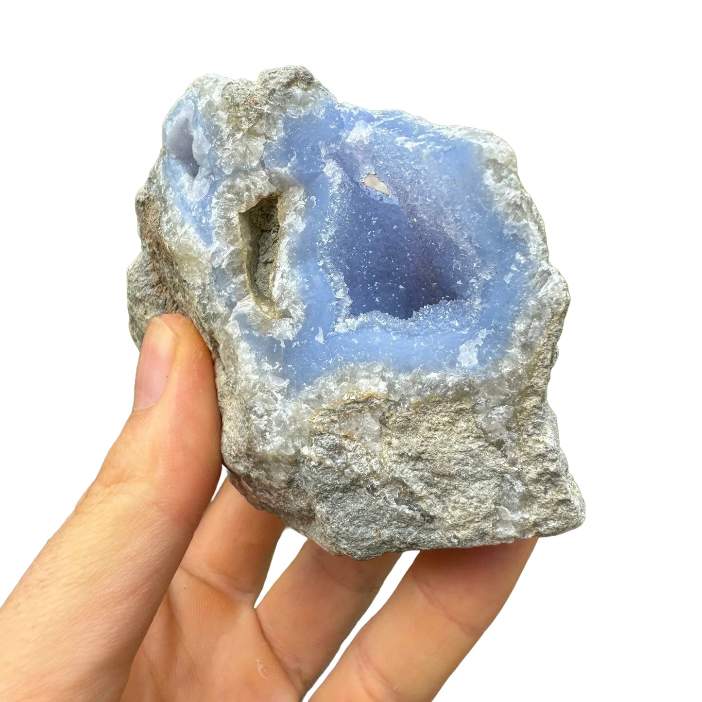 Full profile of Grade AA Blue Lace Agate geode ready to ship from Beyond Bohemian