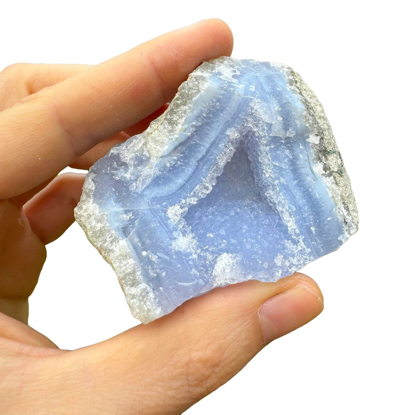 Full profile of Grade AA Blue Lace Agate geode ready to ship from Beyond Bohemian