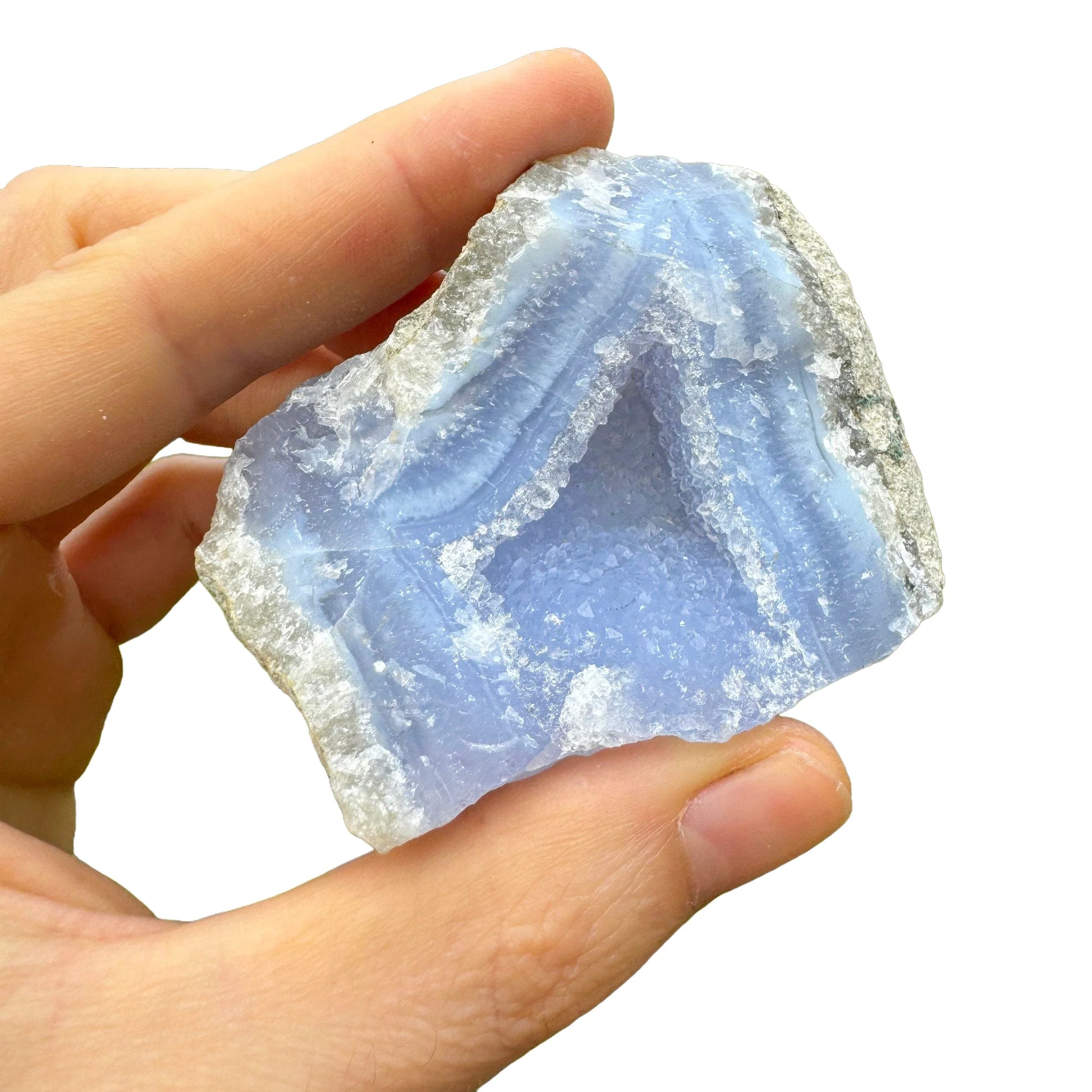 Full profile of Grade AA Blue Lace Agate geode ready to ship from Beyond Bohemian