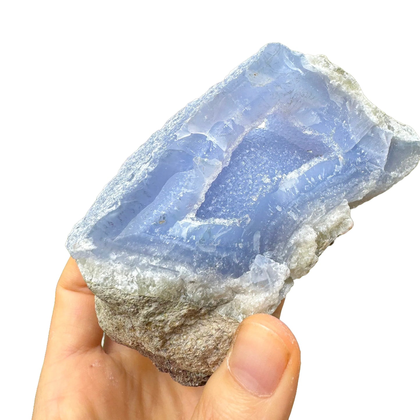 Full profile of Grade AA Blue Lace Agate geode ready to ship from Beyond Bohemian