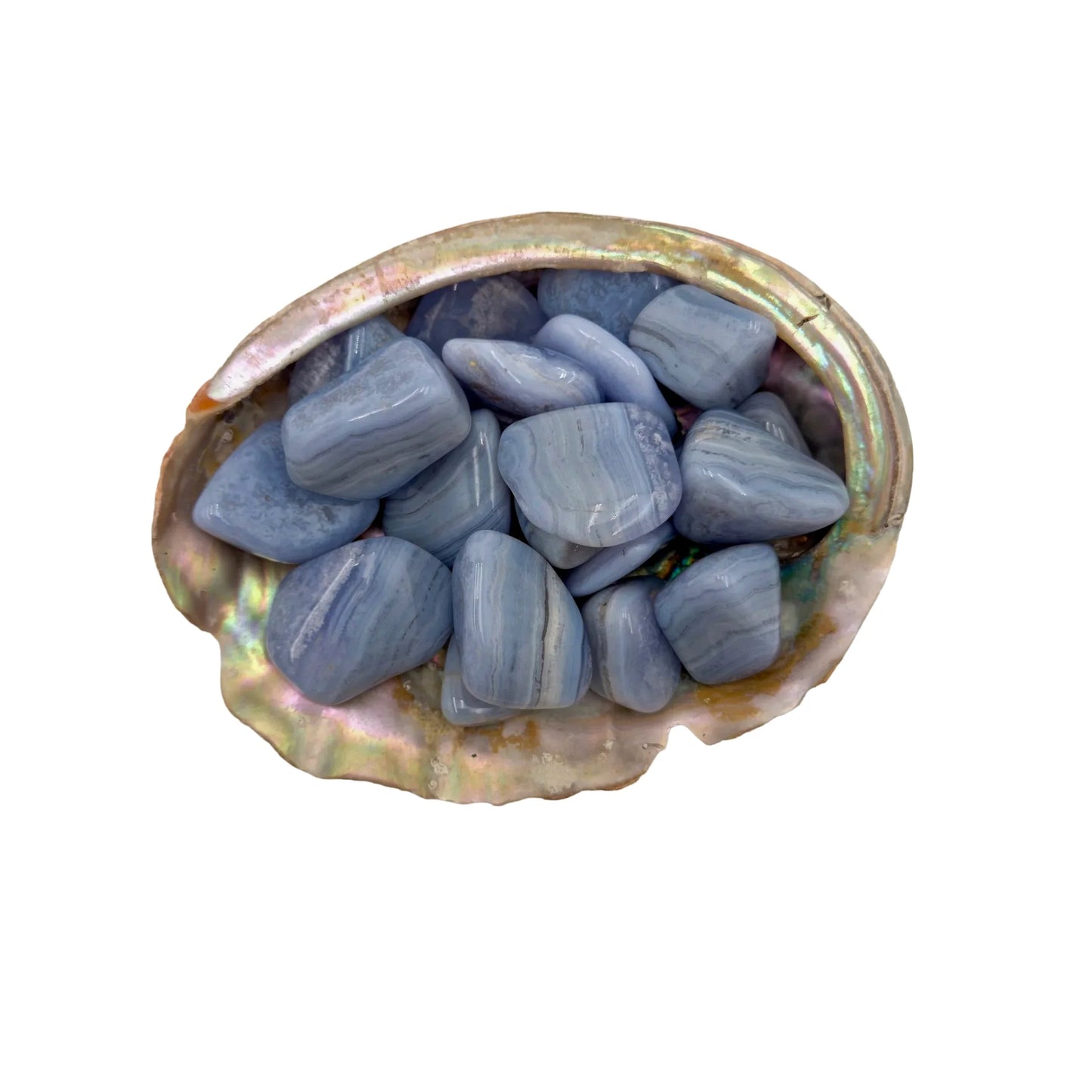 Detail capture of Grade A Blue Lace Agate tumbled stone, kept close for Stress Relief and Emotional Healing, Namibia-sourced.