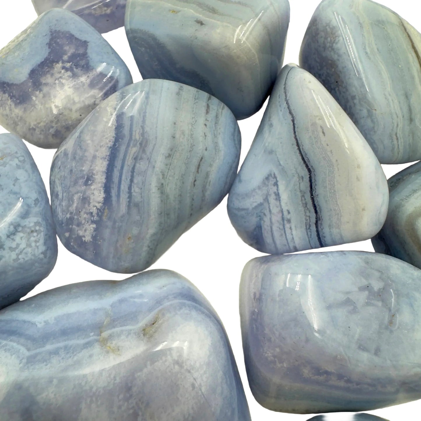 Top-side view of Grade A Blue Lace Agate tumbled stone, sourced from ǁKaras Region, Namibia.