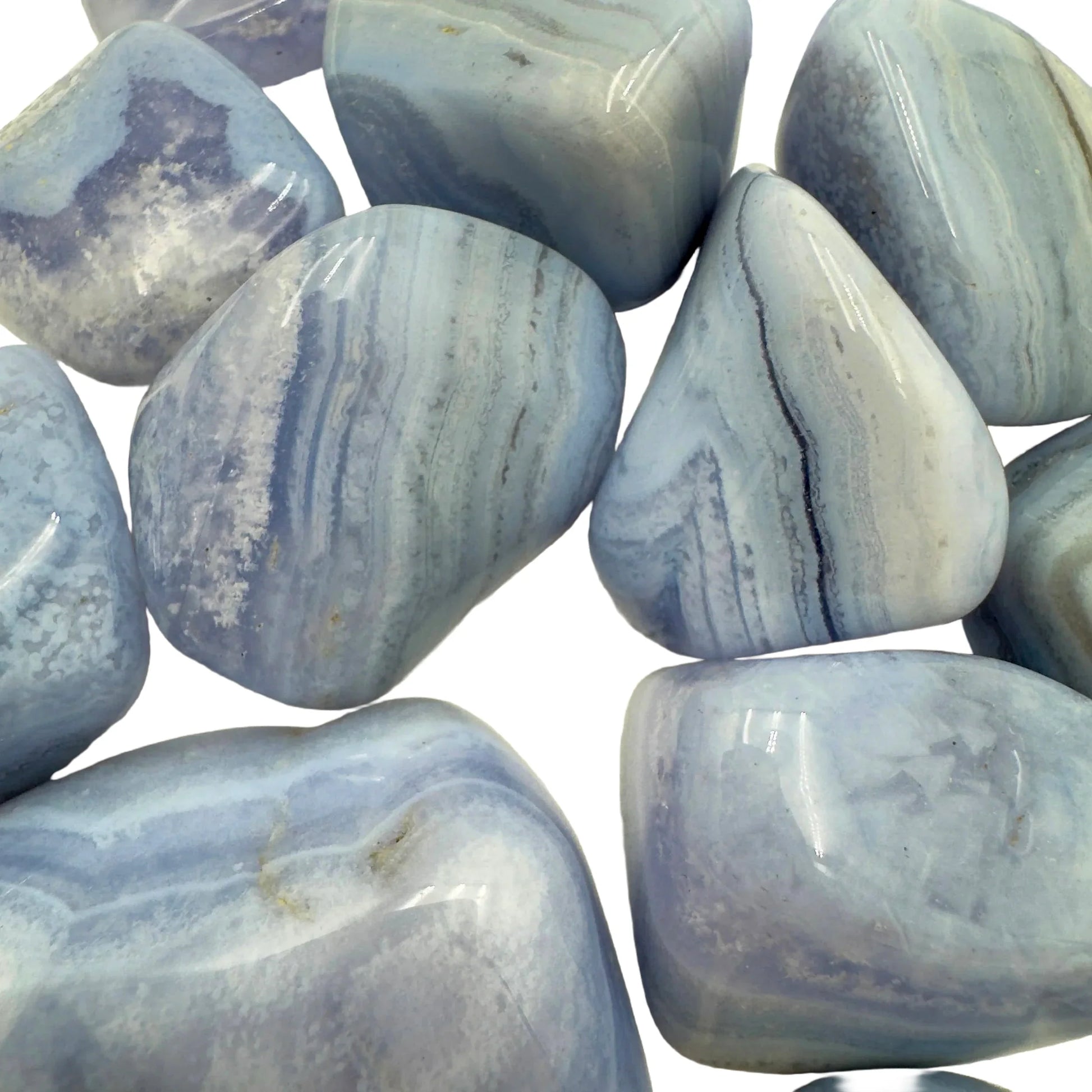 Top-side view of Grade A Blue Lace Agate tumbled stone, sourced from ǁKaras Region, Namibia.