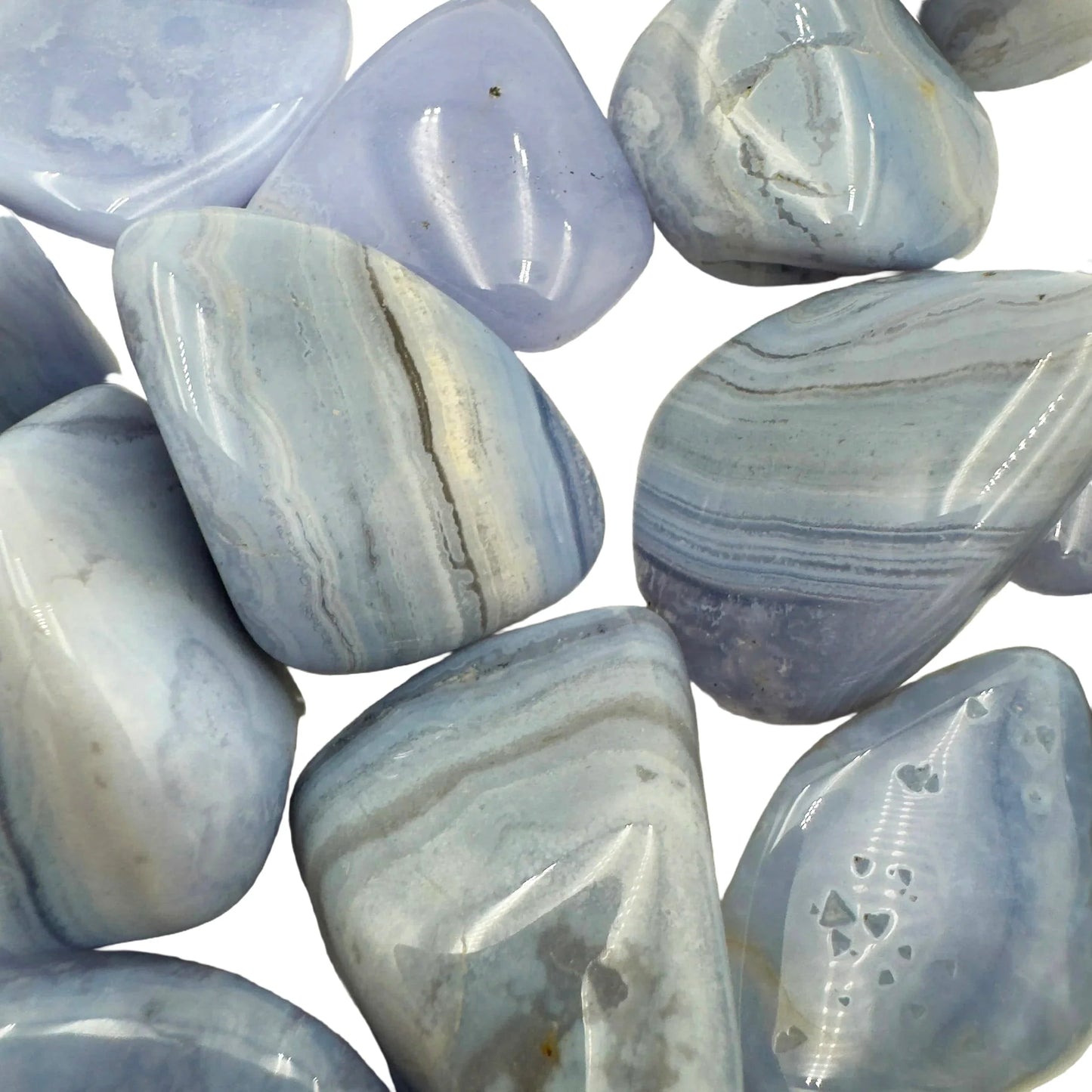 Bottom side of Grade A Blue Lace Agate tumbled stone, from ǁKaras Region, Namibia, for Stress Relief.