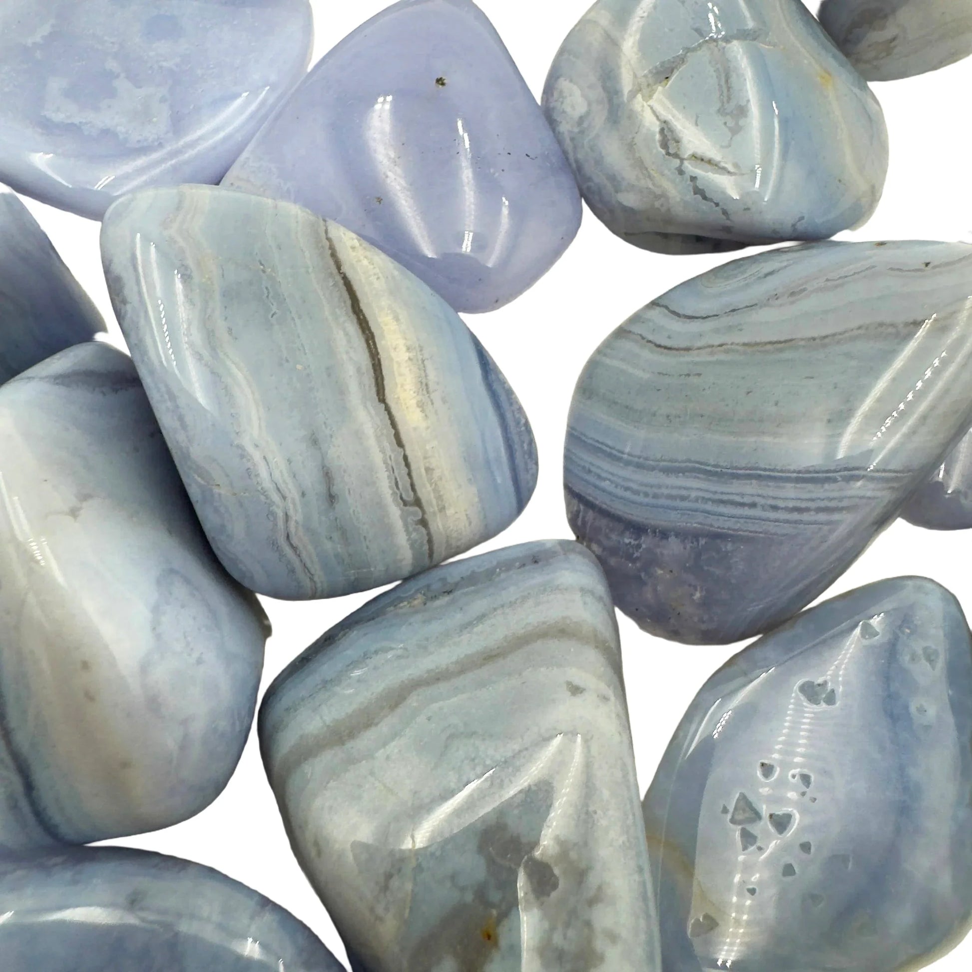 Bottom side of Grade A Blue Lace Agate tumbled stone, from ǁKaras Region, Namibia, for Stress Relief.