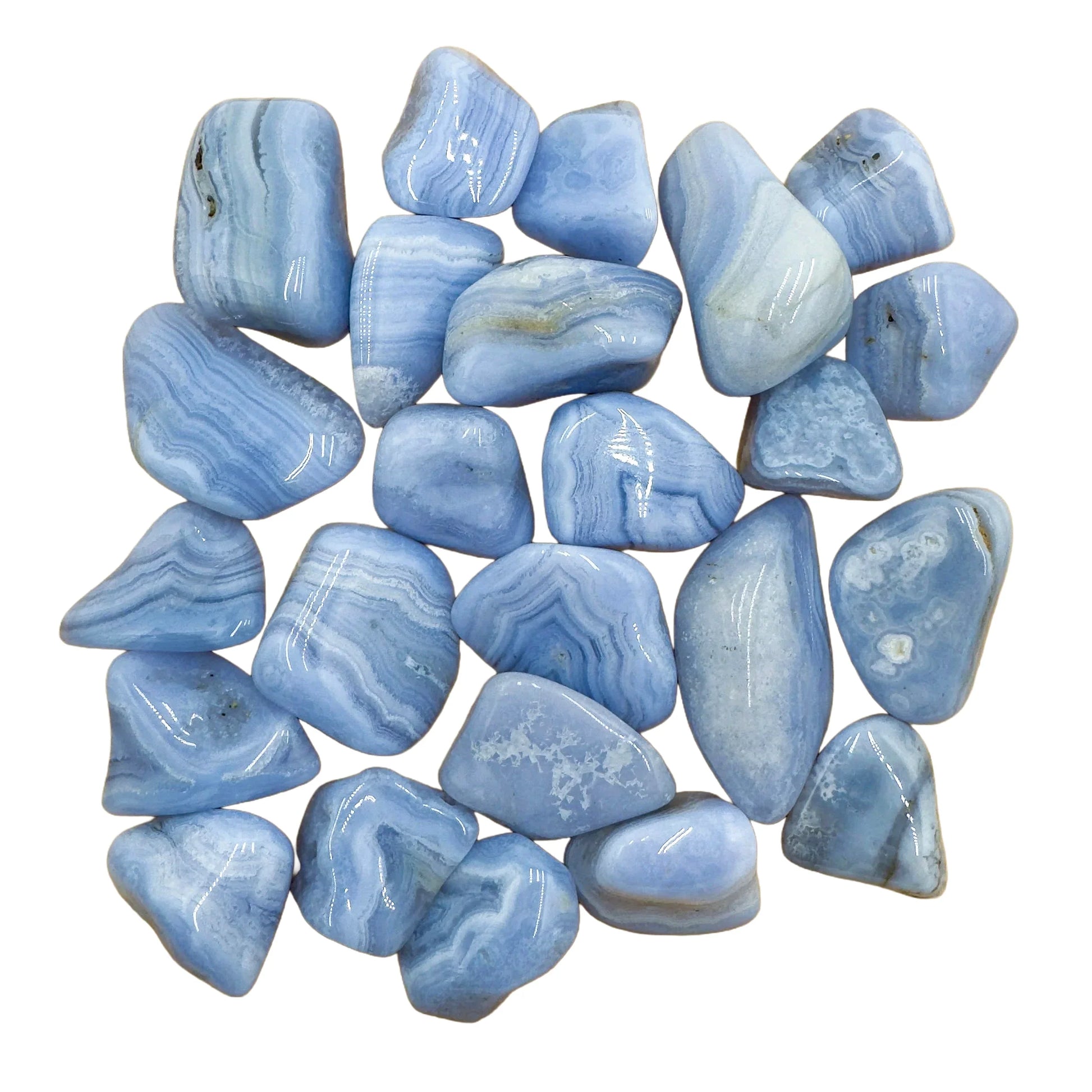 Field-of-view of Blue Lace Agate tumbled stone, with hand-sized presence.