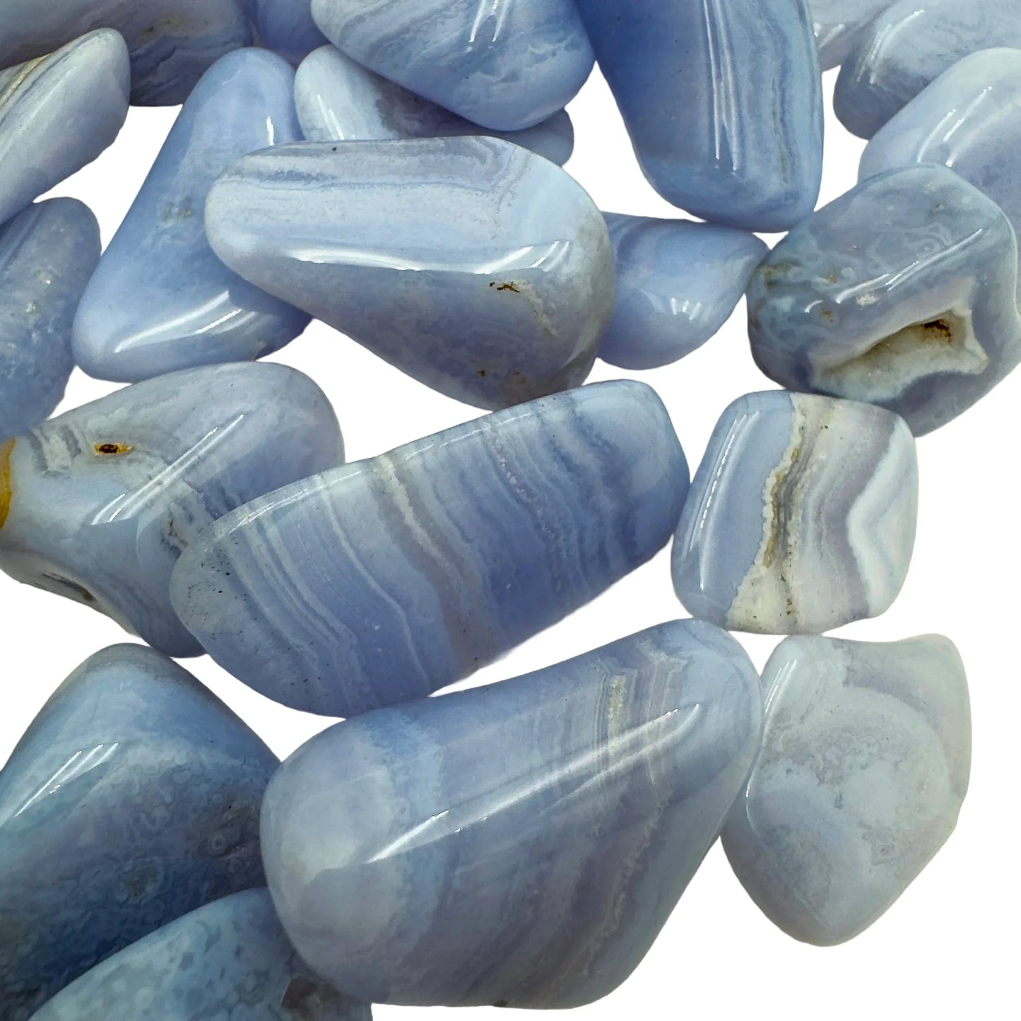 Plan view of Blue Lace Agate tumbled stone, sourced from ǁKaras Region, Namibia.