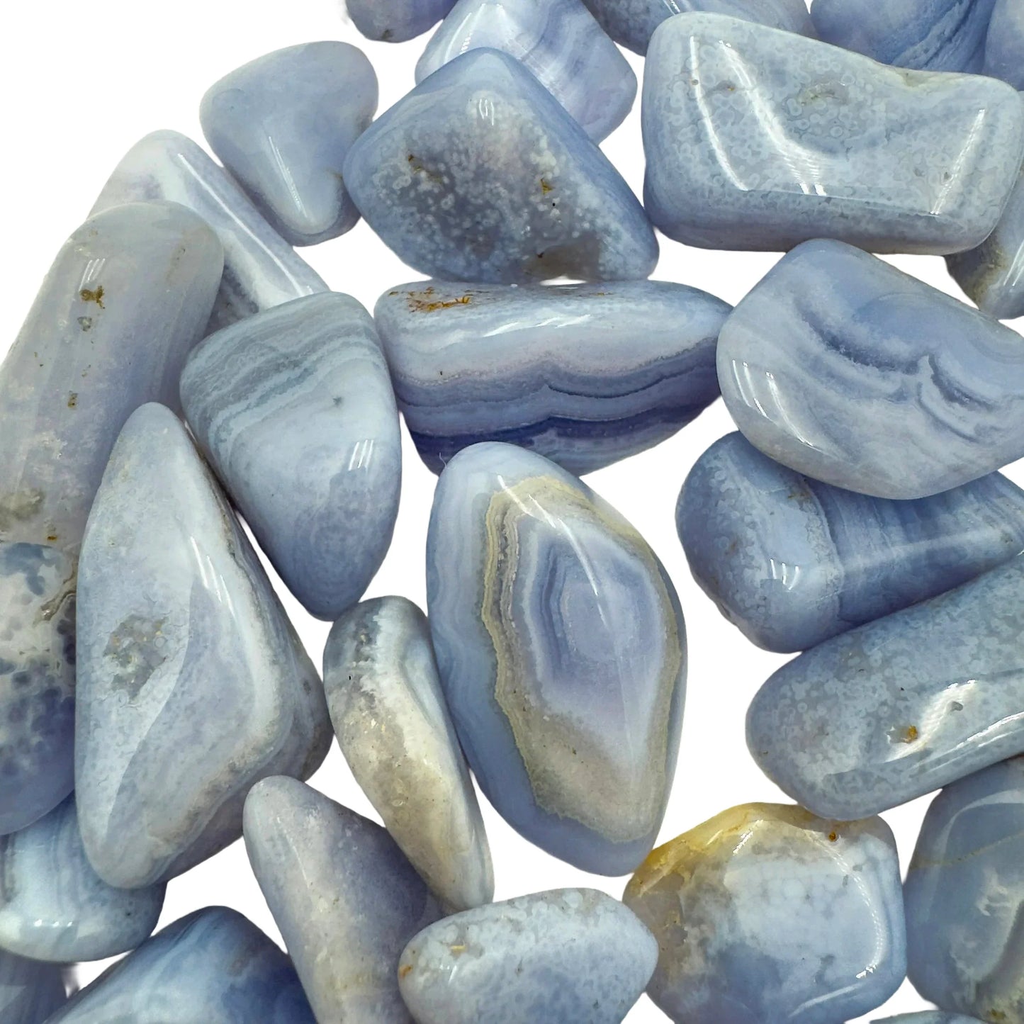 Reverse side of Blue Lace Agate tumbled stone, hand-selected from ǁKaras Region, Namibia, showing natural variation.