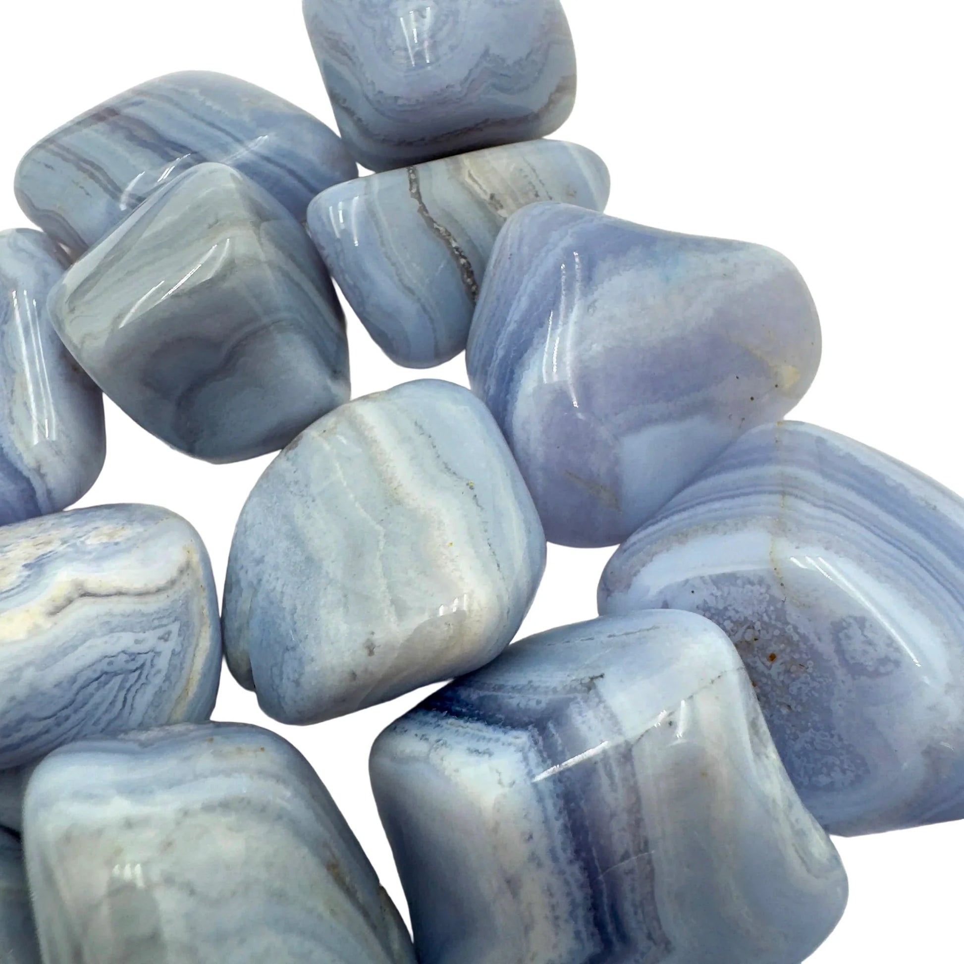 Plan view of Grade A Blue Lace Agate tumbled stone, hand-selected from ǁKaras Region, Namibia, showing characteristic color.