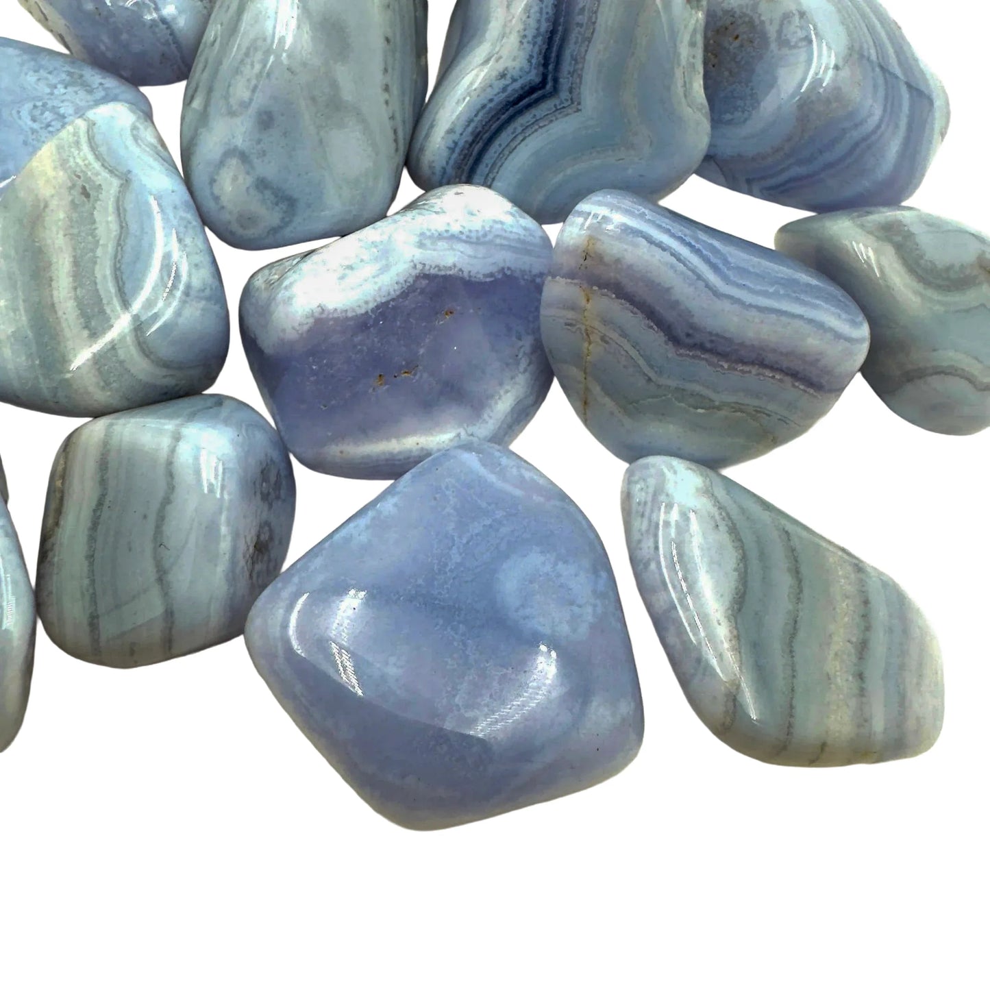 Reverse angle of Blue Lace Agate tumbled stone, turned to for Stress Relief, from ǁKaras Region, Namibia.