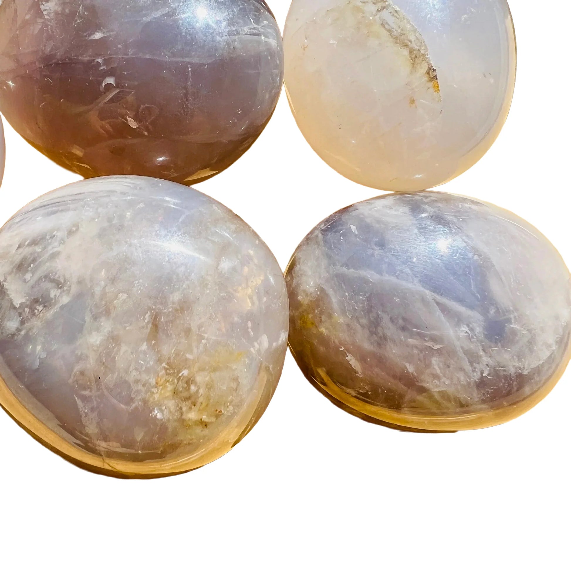 Back view of Grade A Blue Rose Quartz palm stone showing natural surface