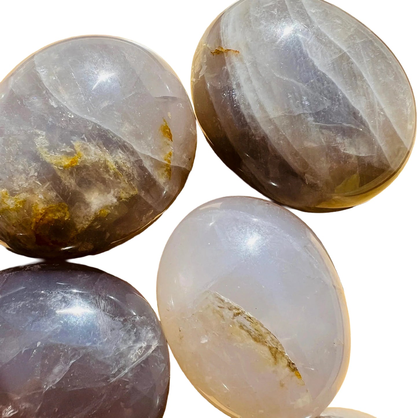 Full profile of Grade A Blue Rose Quartz palm stone ready to ship from Beyond Bohemian