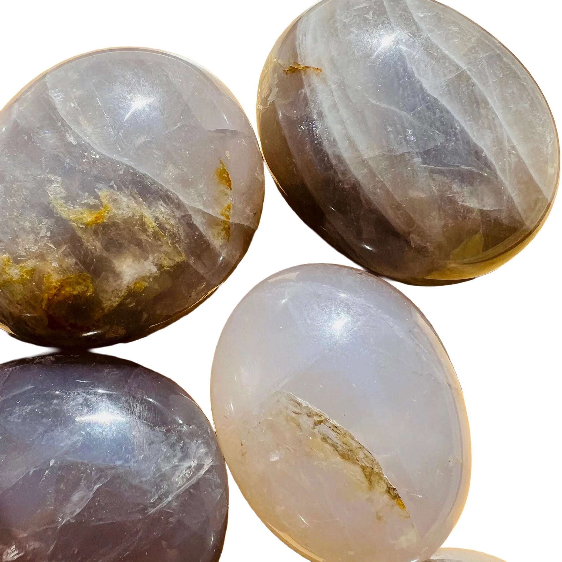 Full profile of Grade A Blue Rose Quartz palm stone ready to ship from Beyond Bohemian