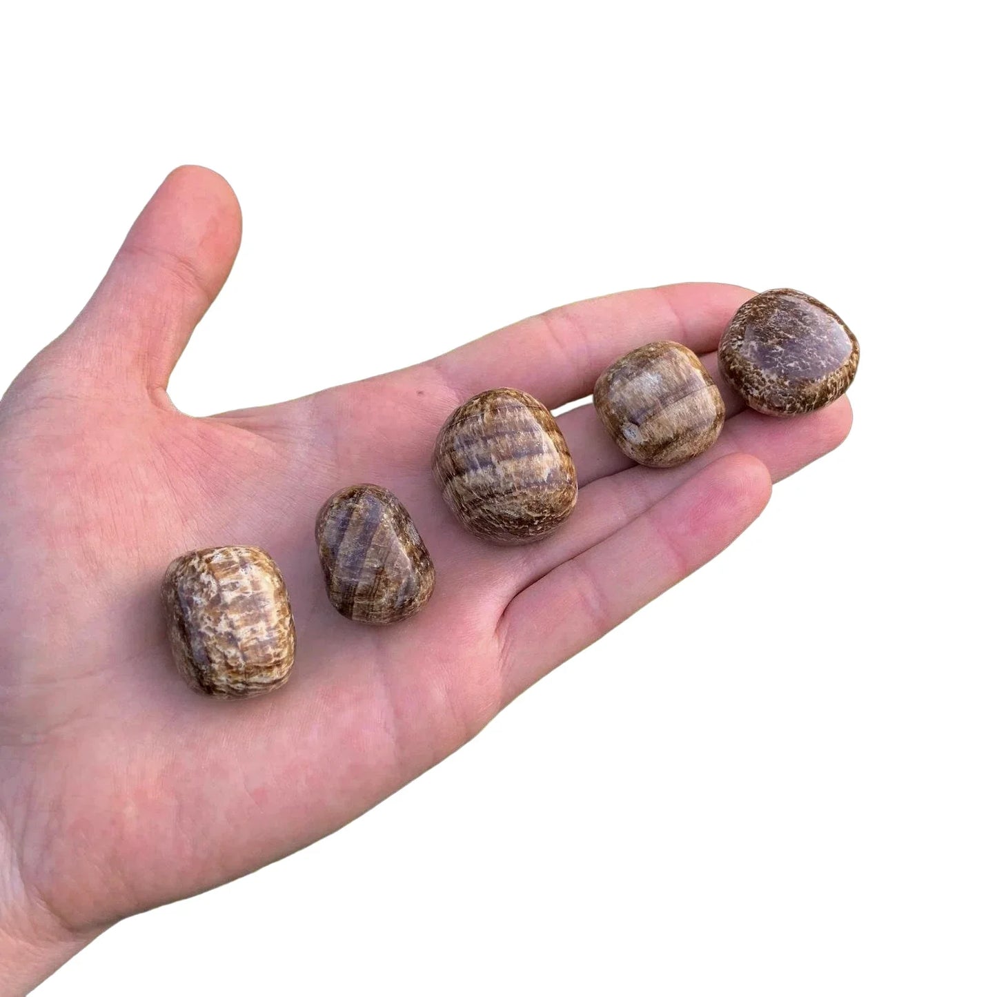 Full profile of Grade AA Brown Aragonite tumbled stone ready to ship from Beyond Bohemian