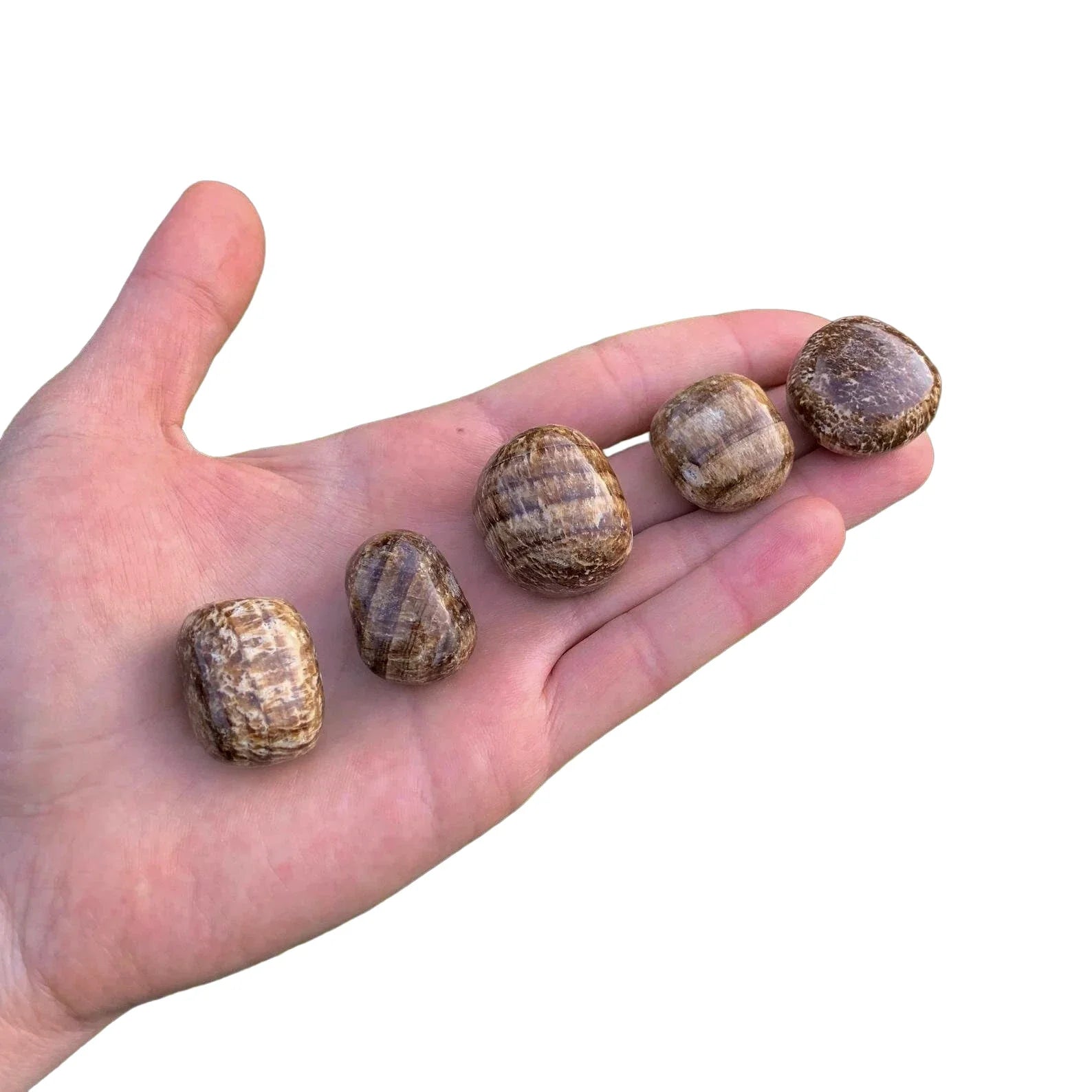Full profile of Grade AA Brown Aragonite tumbled stone ready to ship from Beyond Bohemian