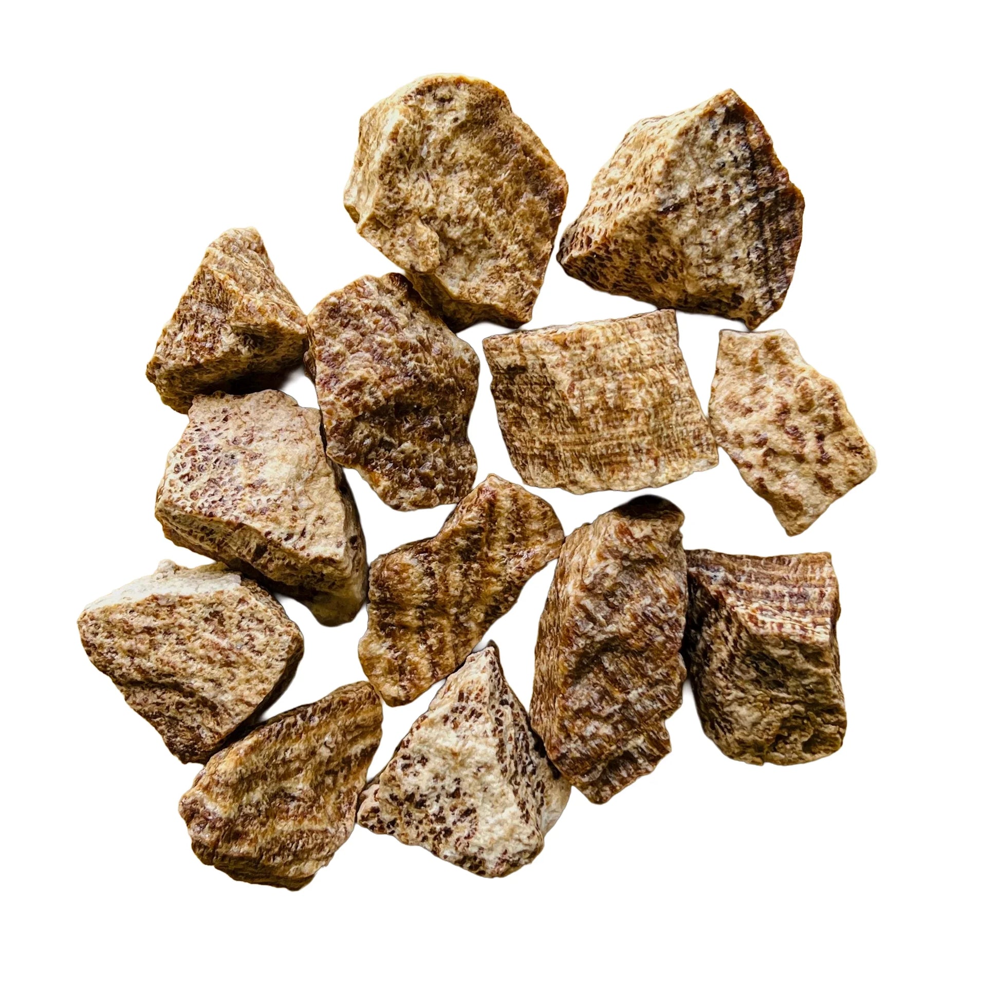 Sideways view of Brown Aragonite raw stone, showing earthy tone, from Peru.