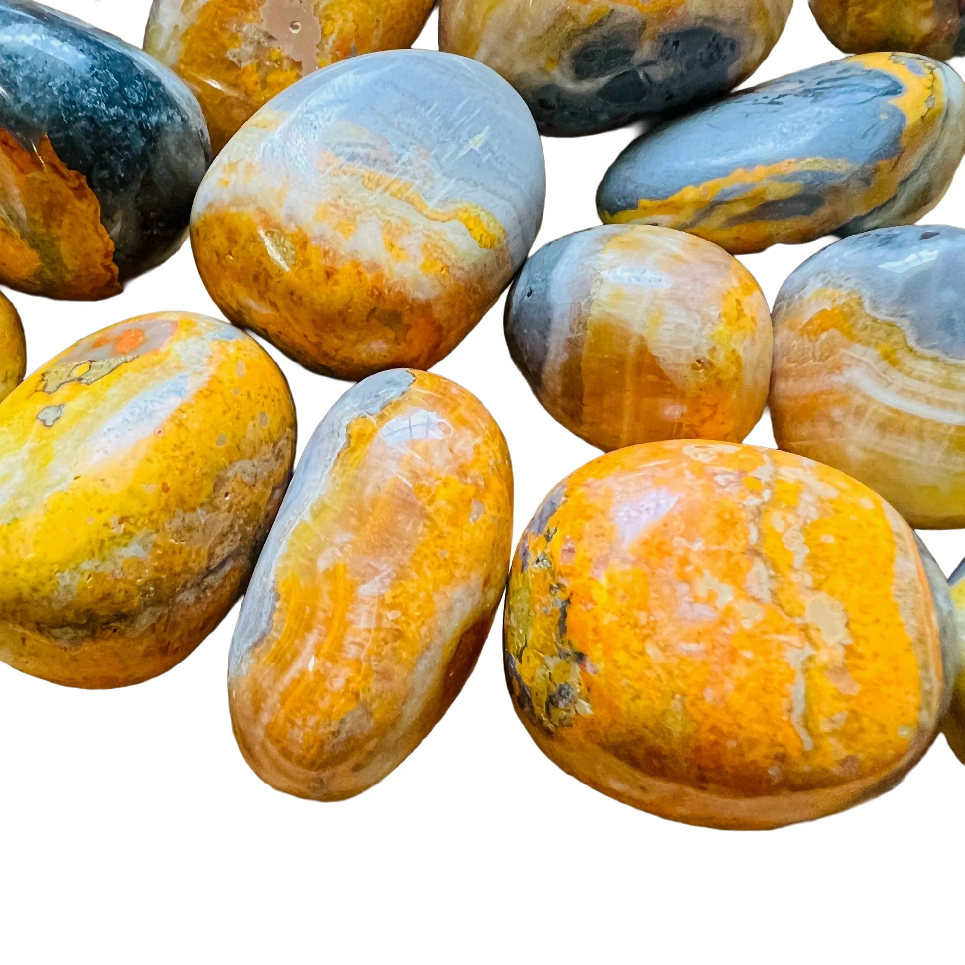 Color detail of Bumblebee Jasper tumbled stone, showing translucent edges.