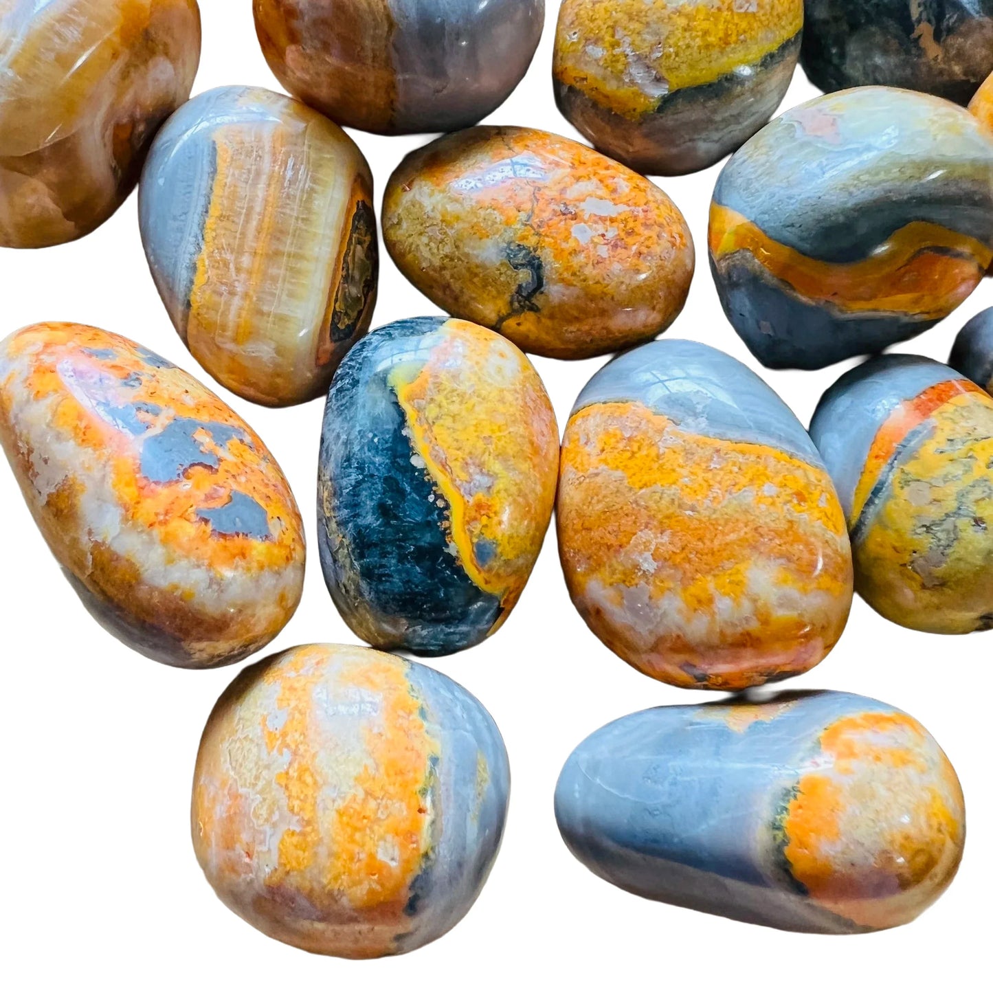 Back view of Grade AA Bumblebee Jasper tumbled stone showing natural surface