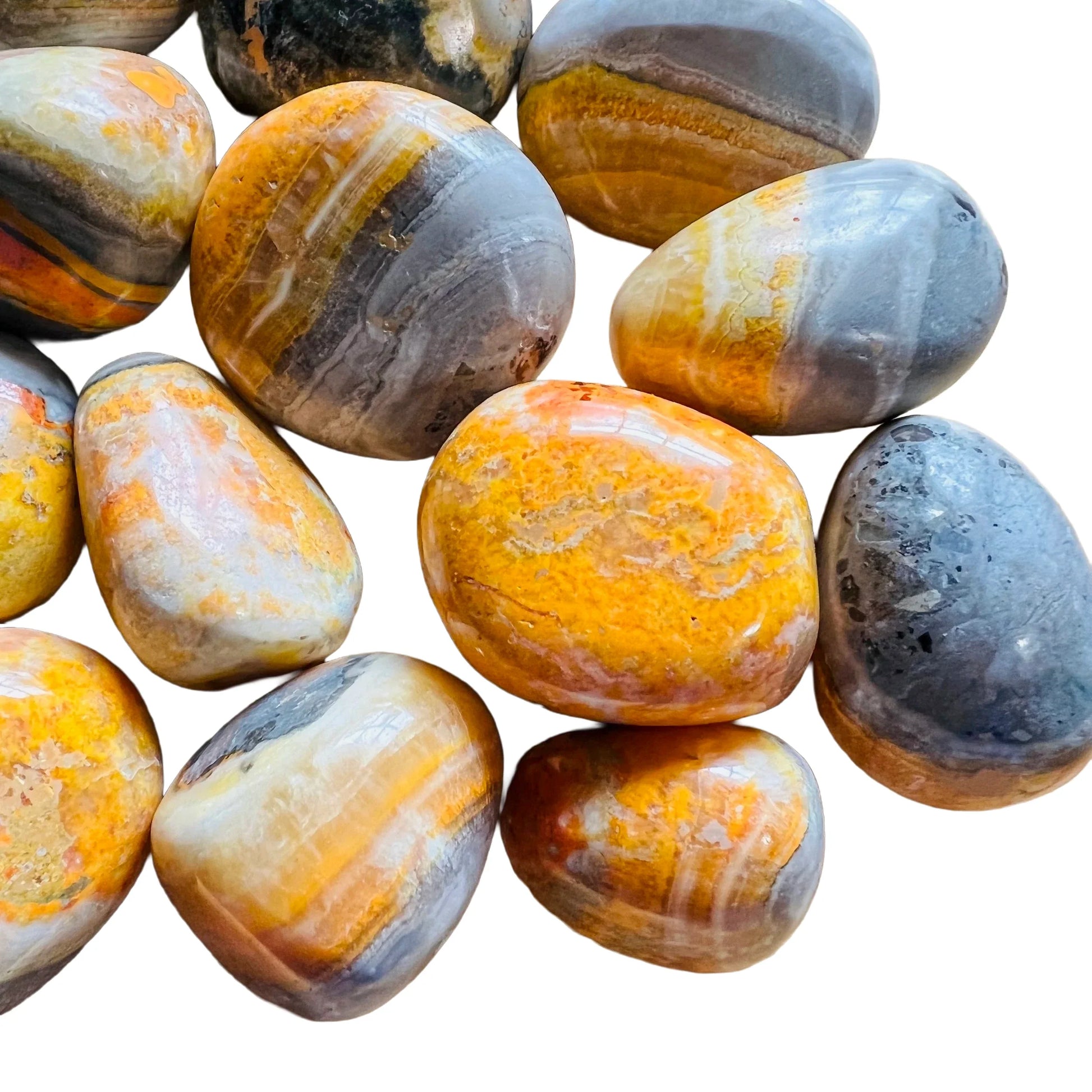 Full profile of Grade AA Bumblebee Jasper tumbled stone ready to ship from Beyond Bohemian