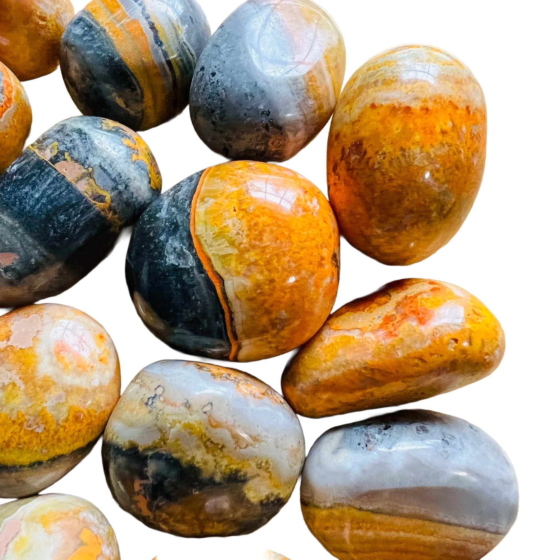 Full profile of Grade AA Bumblebee Jasper tumbled stone ready to ship from Beyond Bohemian