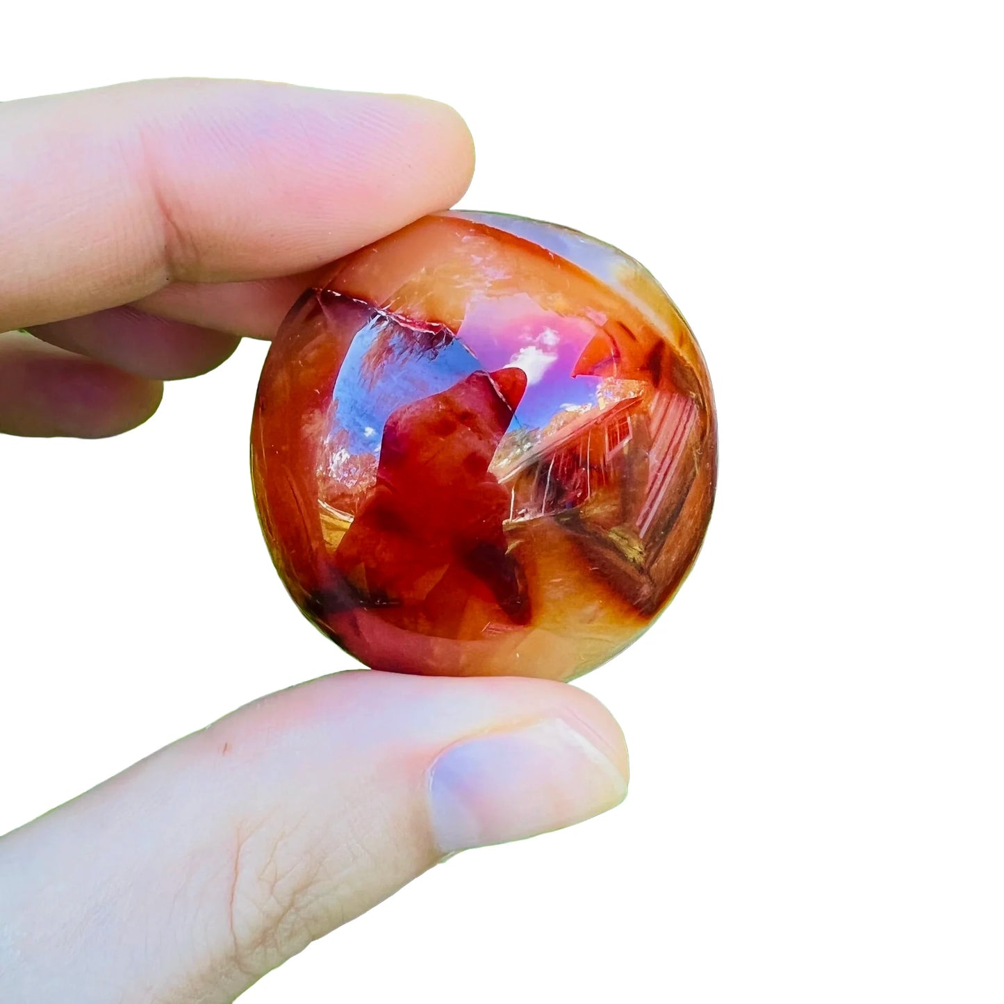 Back view of Grade AA Carnelian palm stone showing natural surface