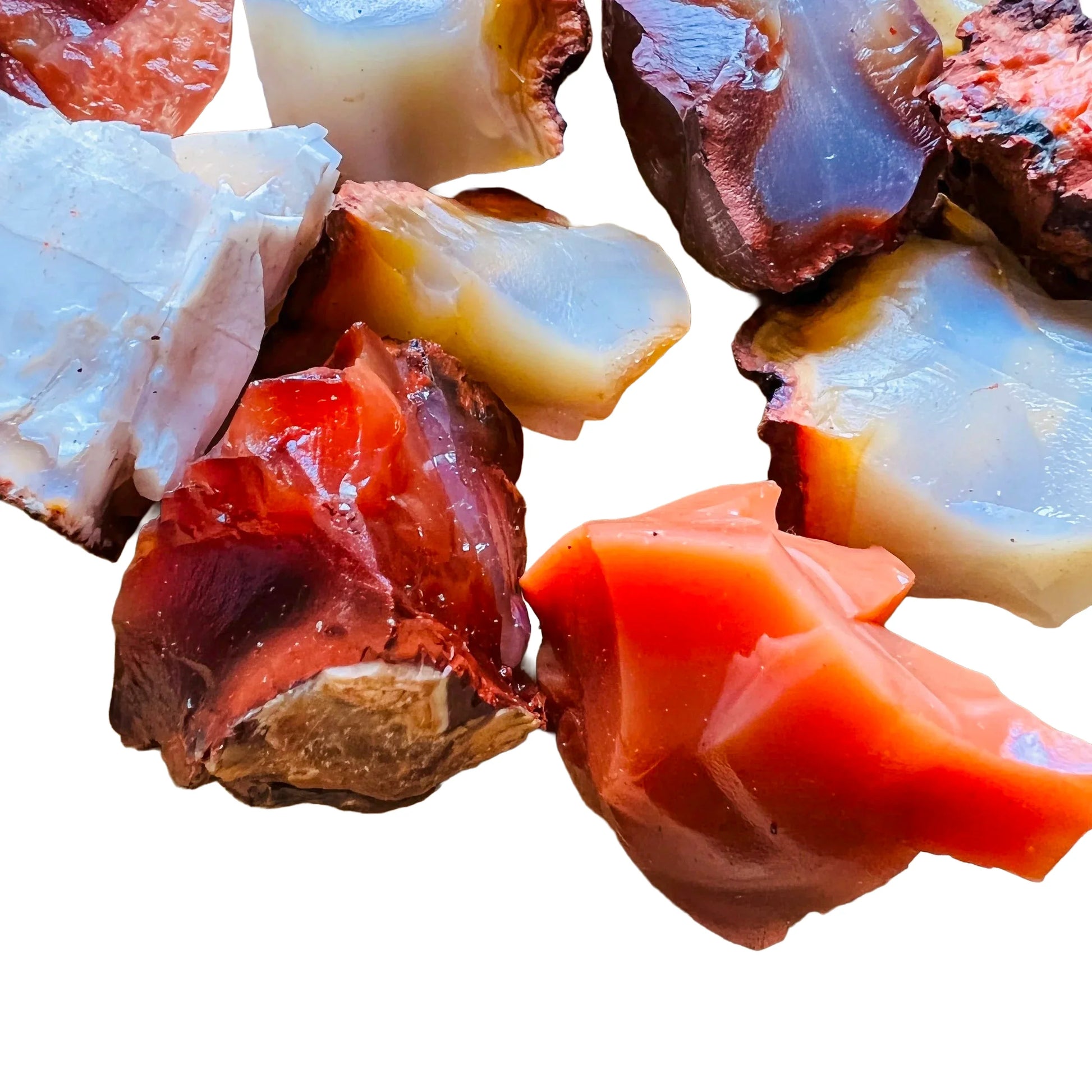 Overhead angle of Grade AA Carnelian raw stone, to support Energy.