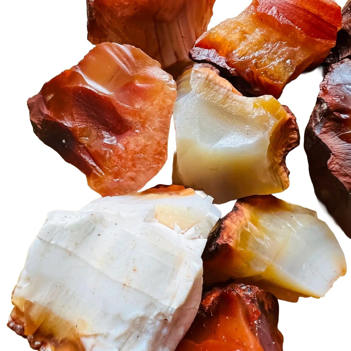 Palm-scale view of one Carnelian raw stone for scale, sourced from Boeny, Madagascar.