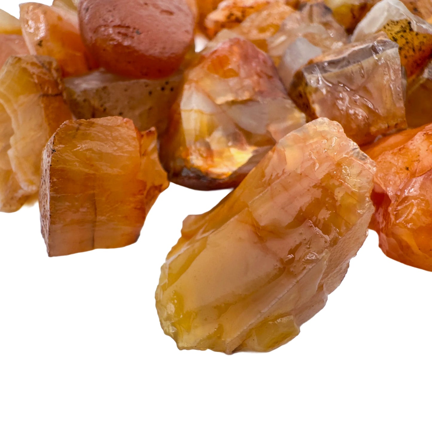 Sideways view of Carnelian raw stone, sourced from Brazil.
