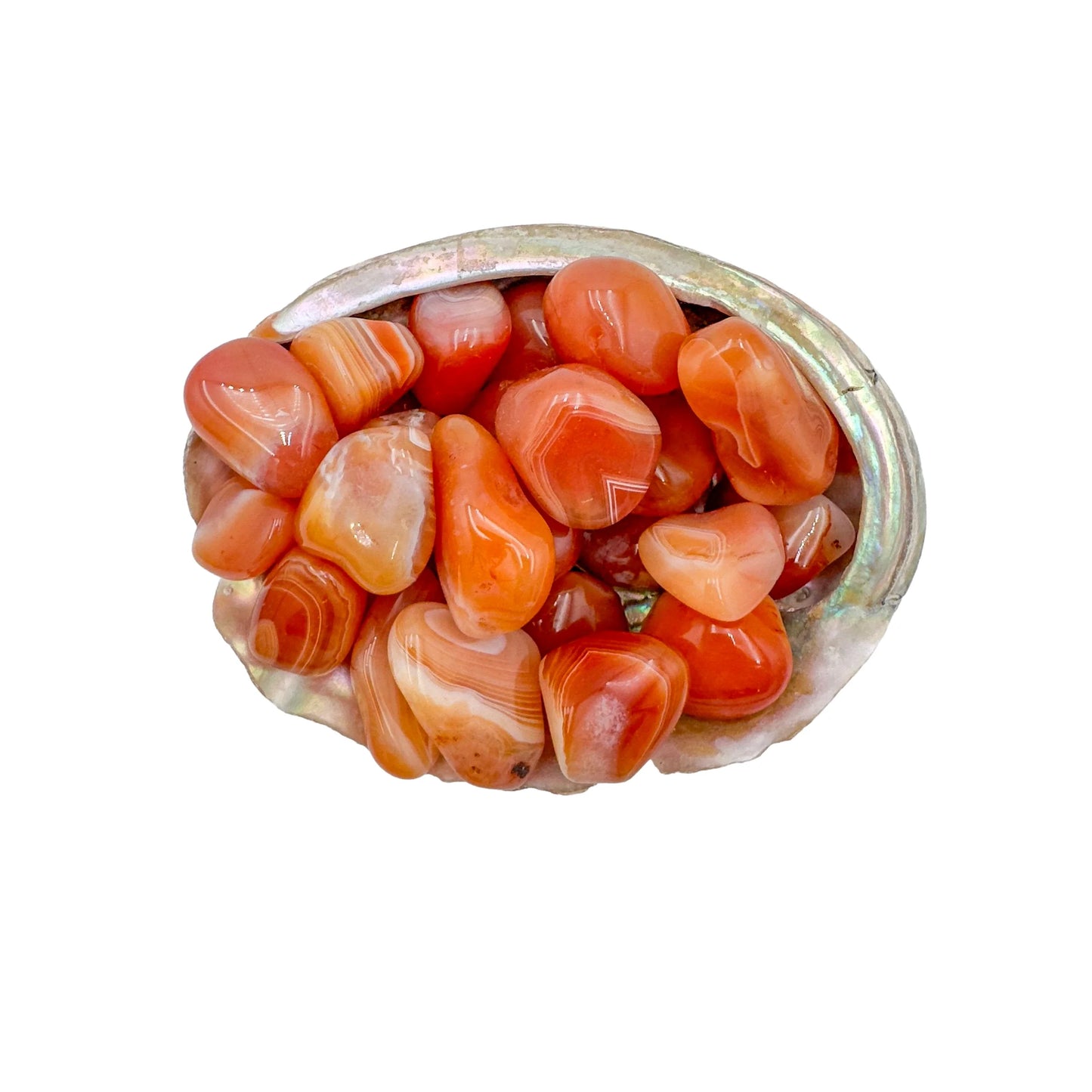 Tight crop of Carnelian tumbled stone, sourced from Botswana.