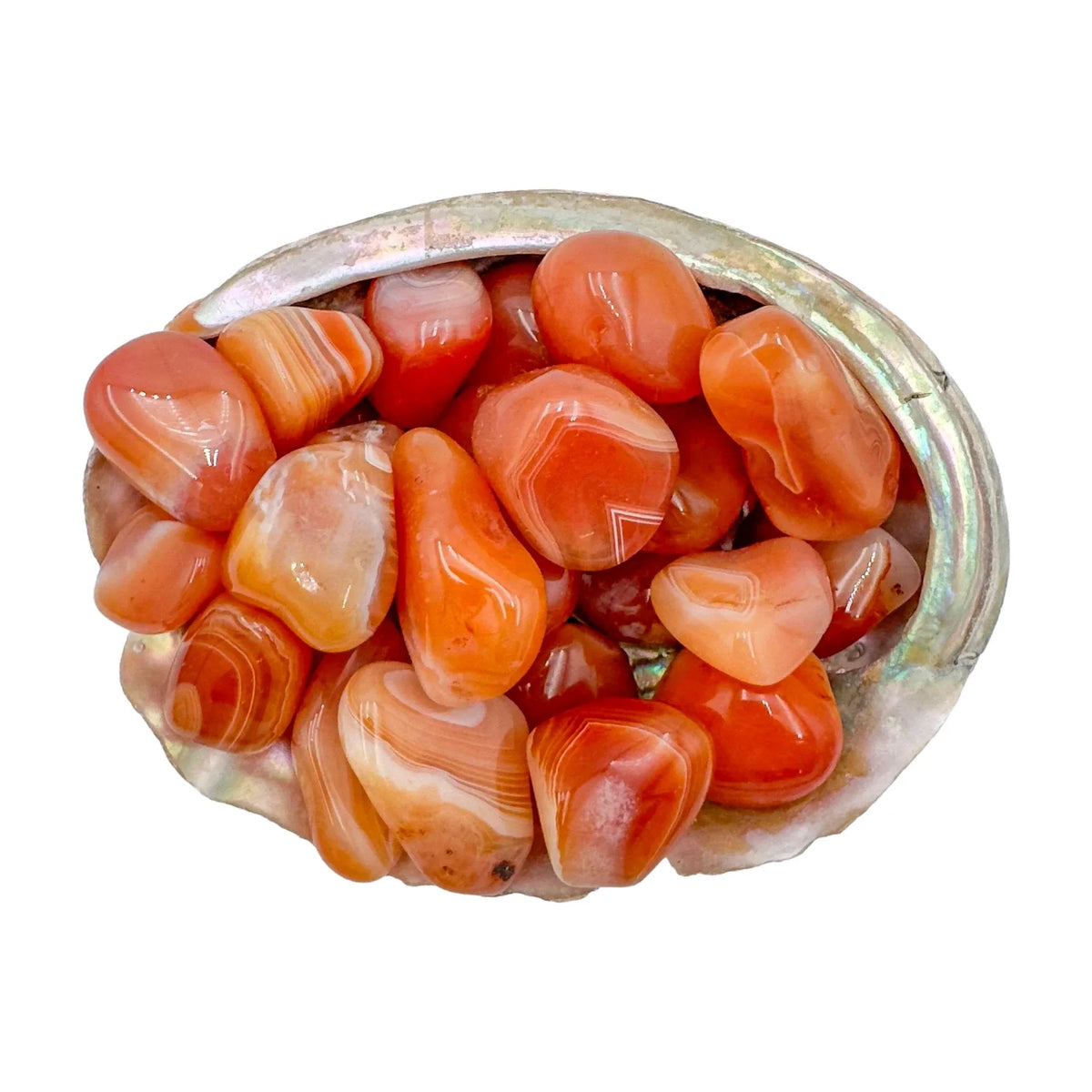 Tight crop of Carnelian tumbled stone, sourced from Botswana.