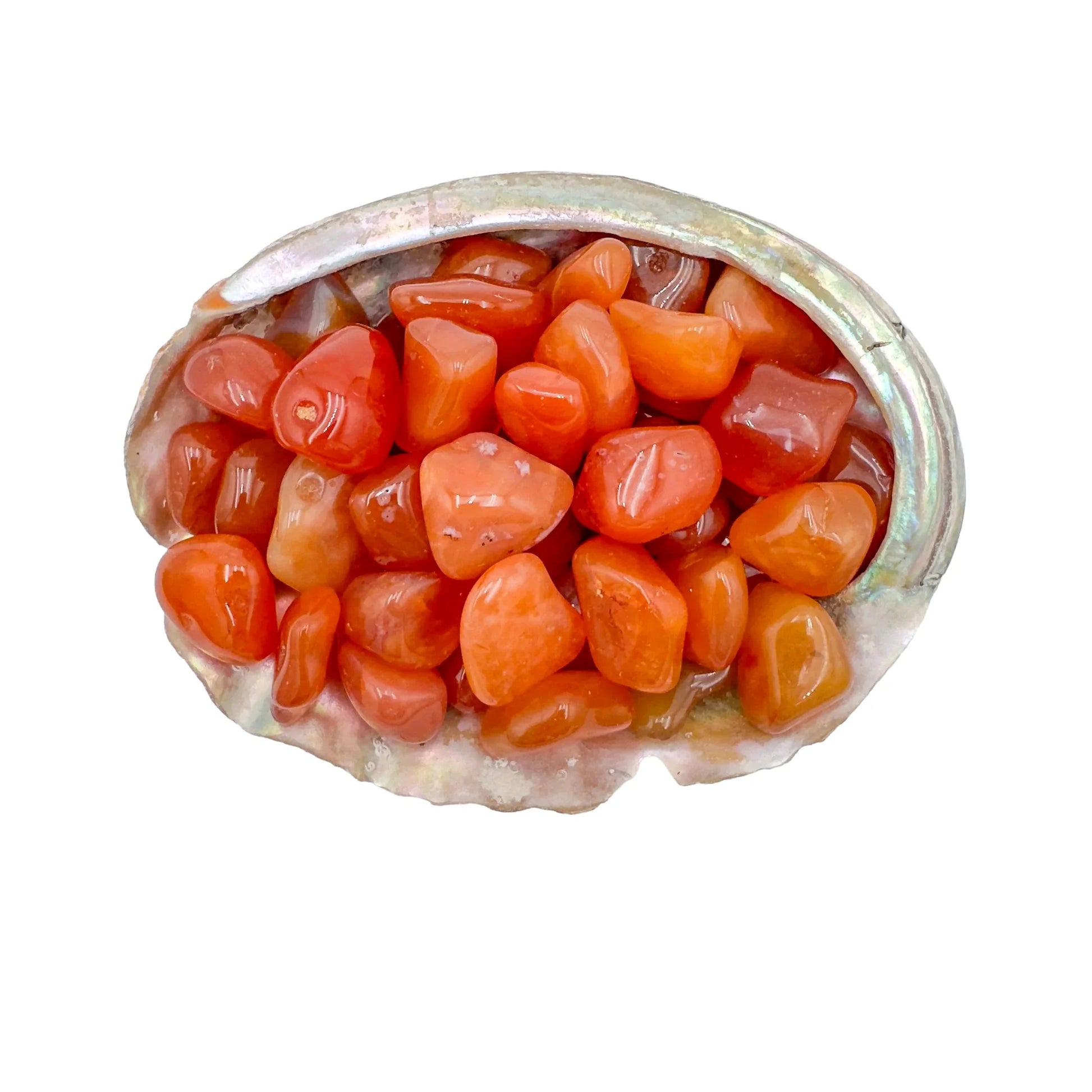 Detail capture of Grade AA Carnelian tumbled stone, showing soft luster.