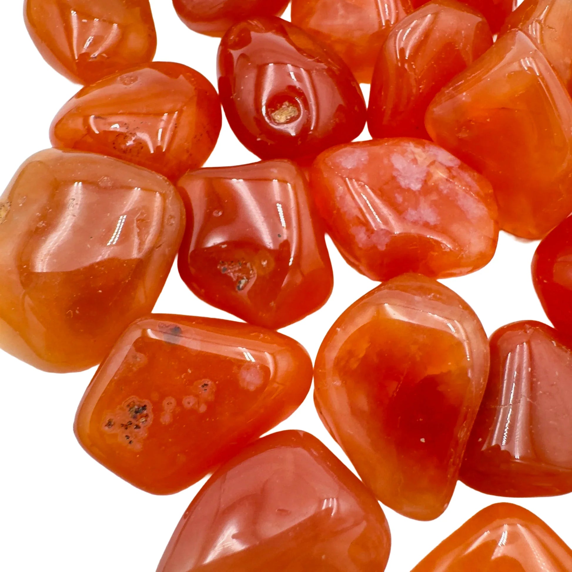 Top view of Carnelian tumbled stone, worked with for Energy, hand-selected from Francistown, Botswana.
