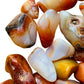 Daylight view of one Carnelian tumbled stone for scale, hand-selected from Boeny, Madagascar.