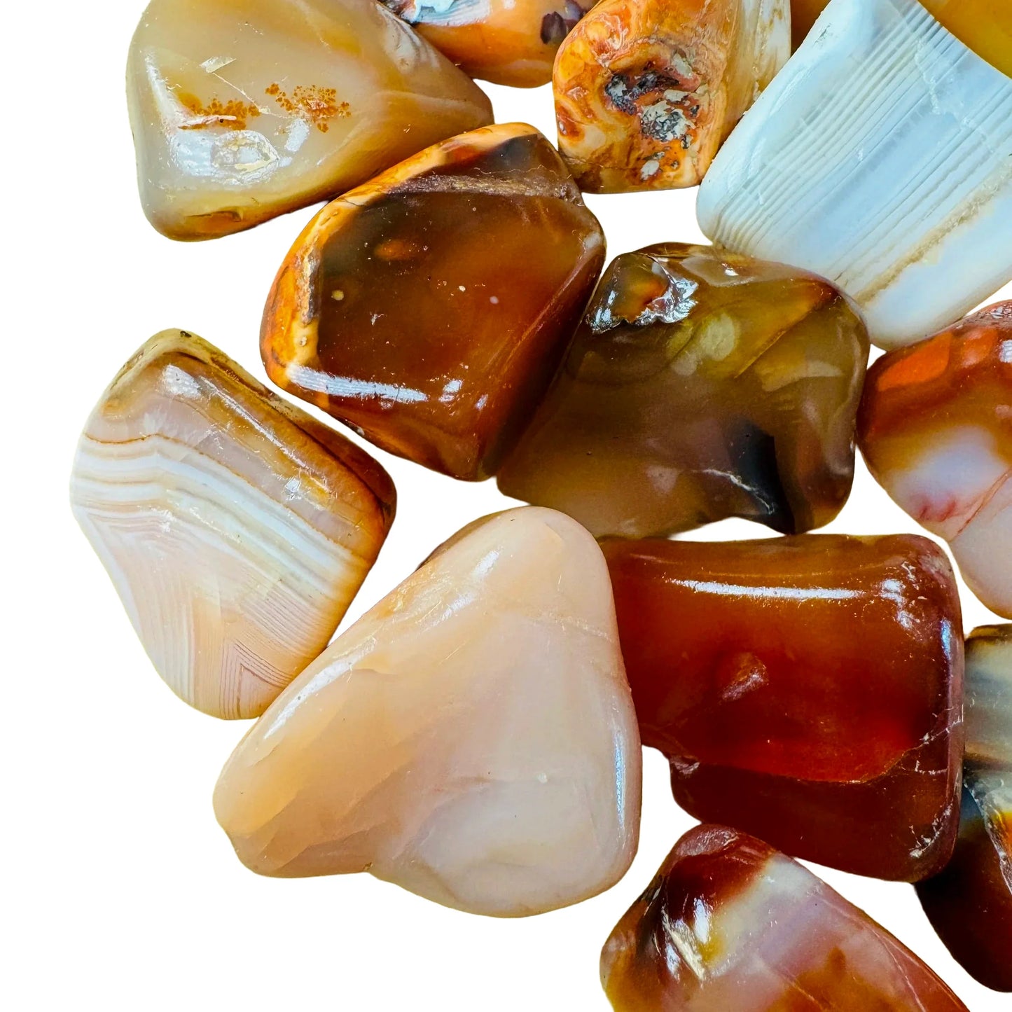 Full profile of Grade AA Carnelian tumbled stone ready to ship from Beyond Bohemian