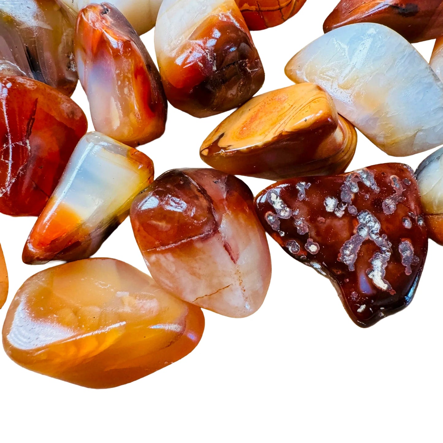 Full profile of Grade AA Carnelian tumbled stone ready to ship from Beyond Bohemian