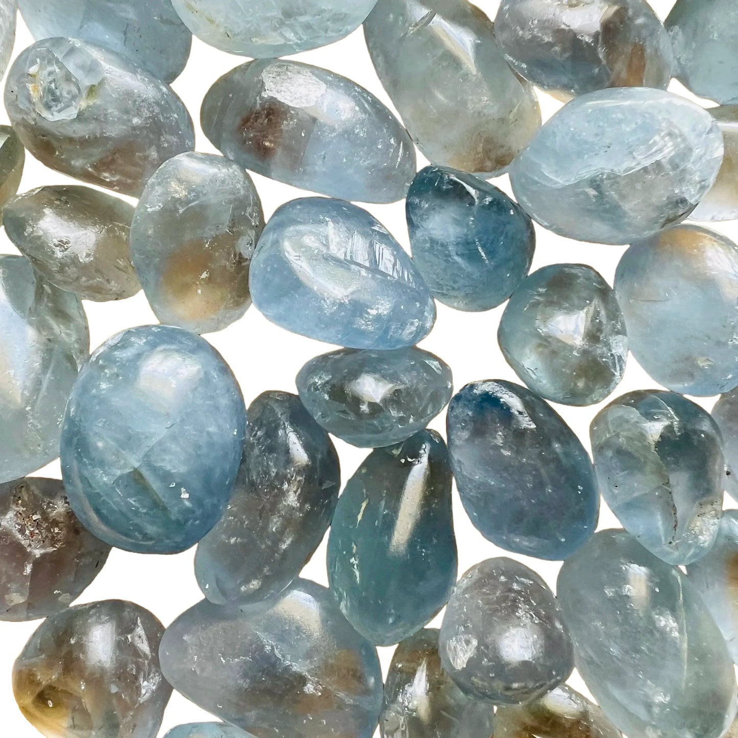 Aerial view of Grade AA Celestite tumbled stone, for Stress Relief, showing characteristic color.