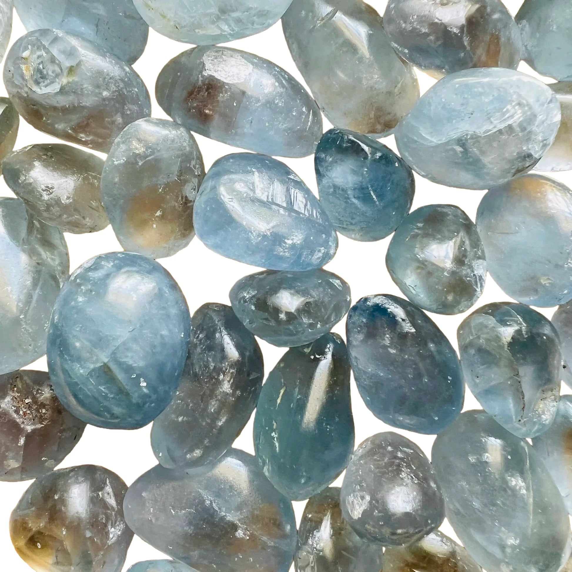 Aerial view of Grade AA Celestite tumbled stone, for Stress Relief, showing characteristic color.